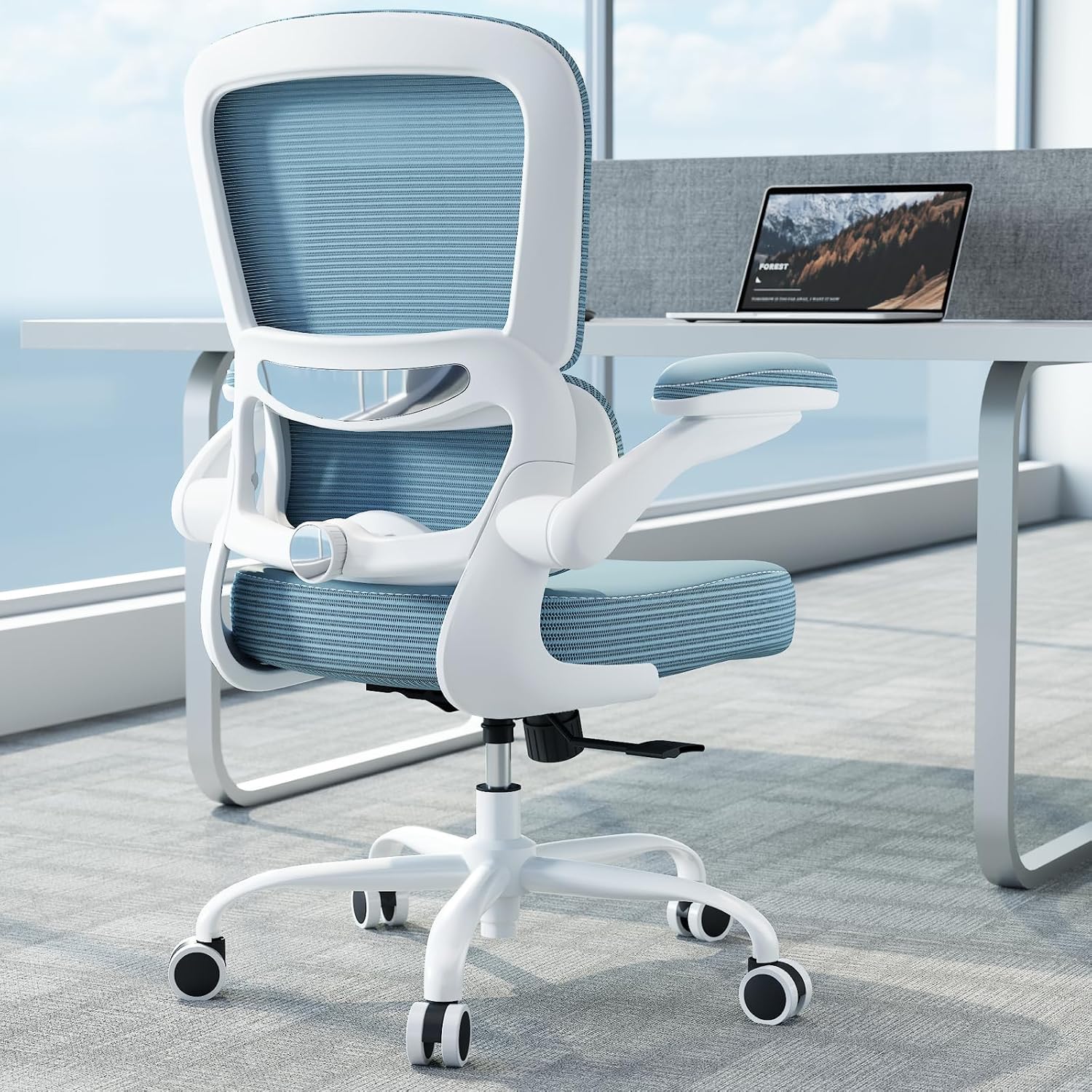 TRALT Ergonomic Office Chair - Desk Chair with Adjustable Lumbar Support Computer Chair - Mesh Comfy Chair with Flip-up Armrests - Gaming Chairs for Adults Home Office (PU Leather, Sky Blue)