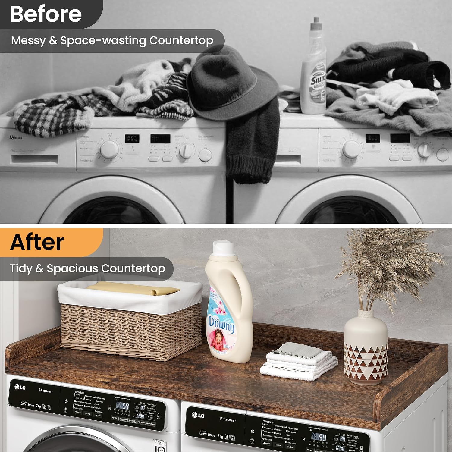Washer Dryer Countertop, 27.5'x54' Wood Washer and Dryer Countertop with 2.95' Edge Rails, Laundry Machine Topper with Rounded Corner for Laundry Room Organization and Storage, Brown