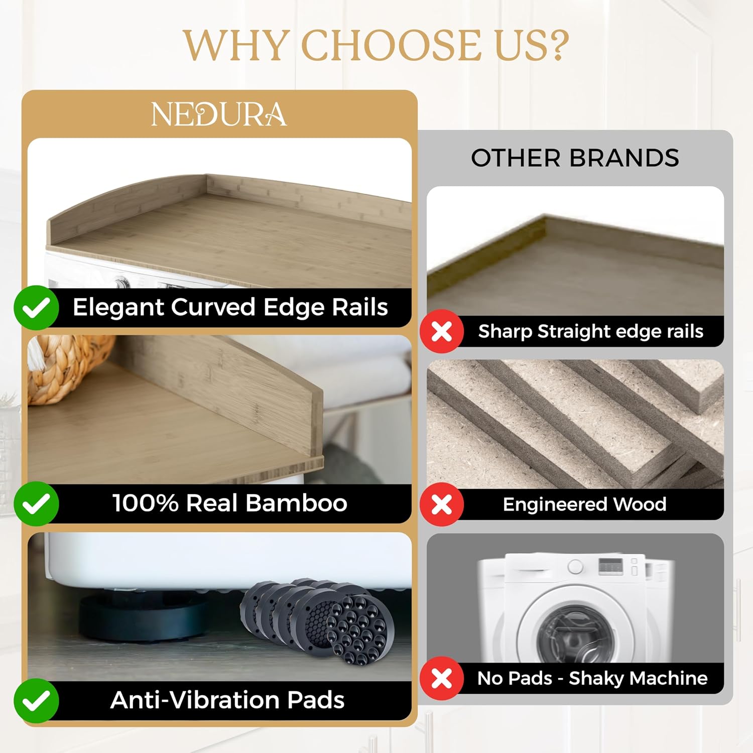 Nedura Washer Dryer Countertop w/Anti-Vibration Pads & Curved Edge Rails, Premium Bamboo Laundry Countertop, Washer Dryer Topper, Laundry Room Organization, Laundry Room Accessory - Driftwood