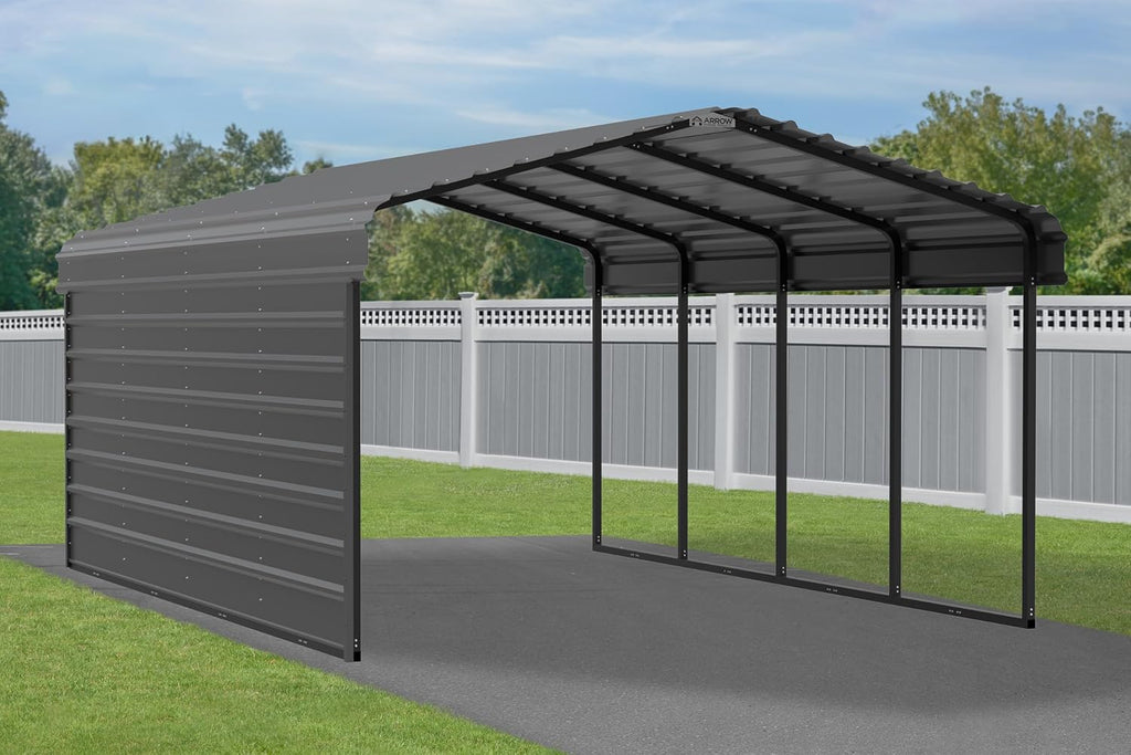 Arrow Carports Galvanized Steel Carport, with 1-Sided Enclosure, Compact Car Metal Carport Kit, 12' x 20' x 7', Charcoal