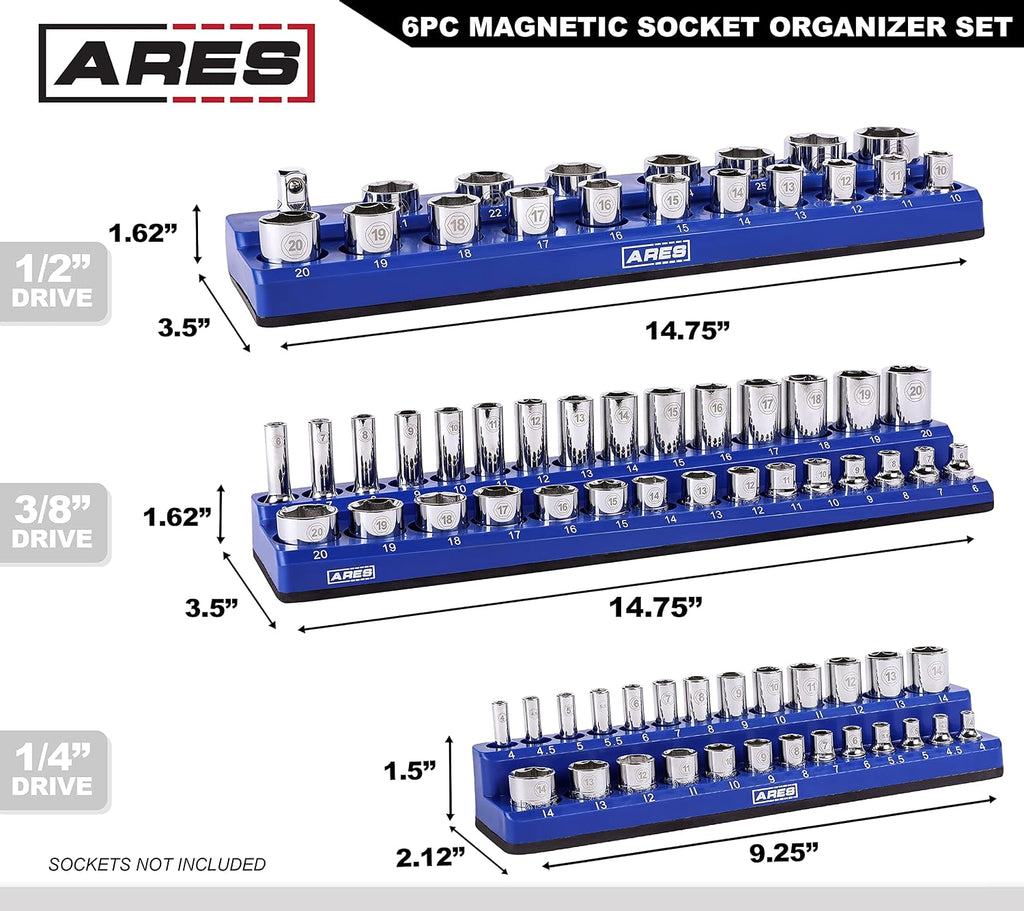 ARES 60058-6-Piece Magnetic Socket Organizers - Metric and SAE Set Blue and Red -1/4 in, 3/8 in, 1/2 in Socket Holders -143 Pieces of Standard (Shallow) and Deep Sockets -Organize Your Tool Box