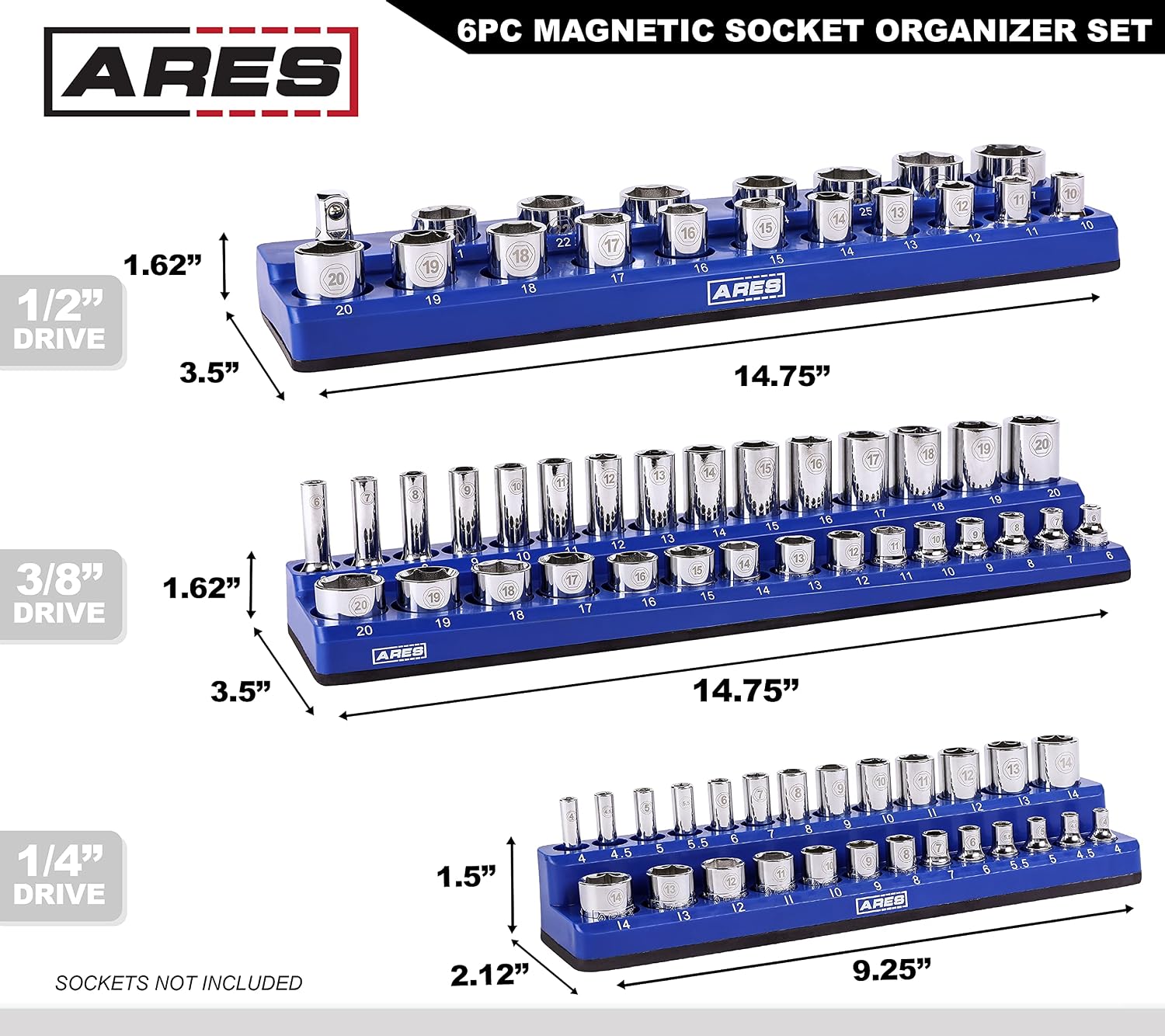 ARES 60058-6-Piece Magnetic Socket Organizers - Metric and SAE Set Blue and Red -1/4 in, 3/8 in, 1/2 in Socket Holders -143 Pieces of Standard (Shallow) and Deep Sockets -Organize Your Tool Box