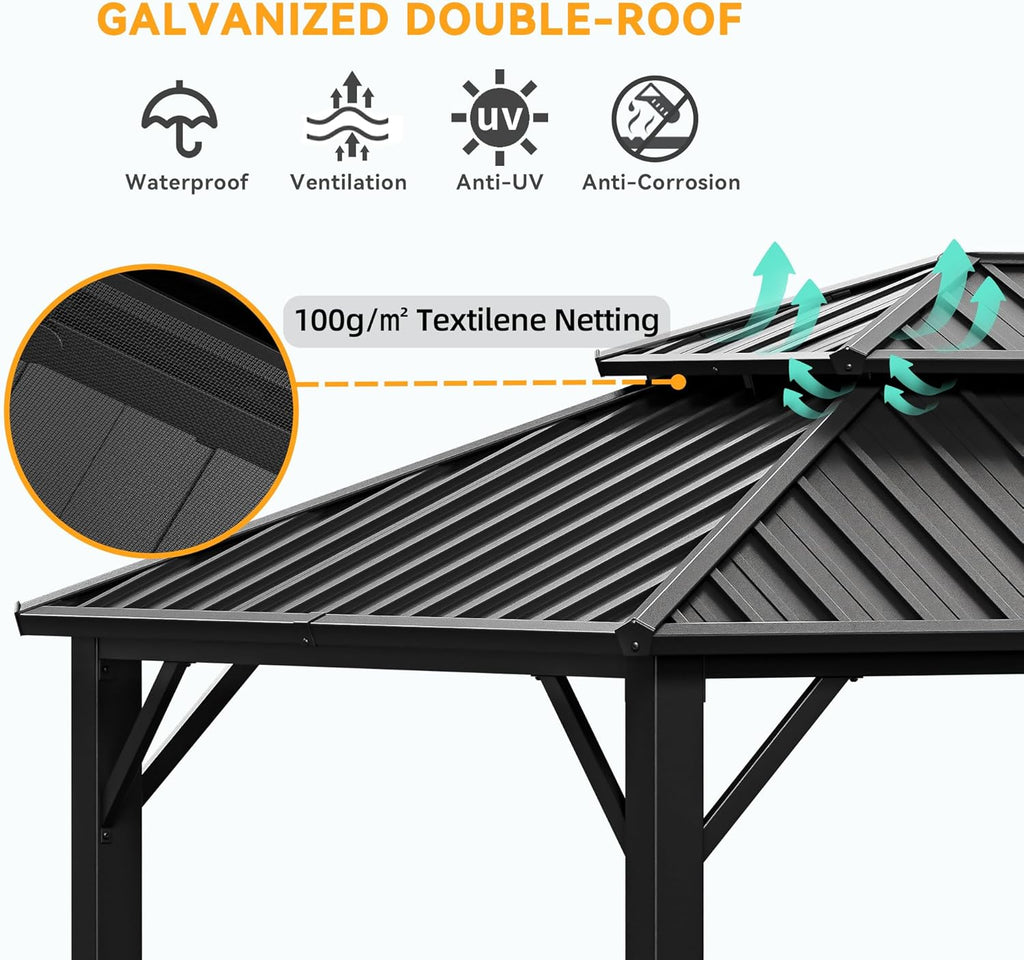 HOTEEL 12x20 Hardtop Gazebo with Metal Roof, Heavy Duty Galvanized Steel Gazebo, Reinforced Square Column, Flame-Resistant Curtains and Netting, Suitable for All-Weather,Black(Pro)