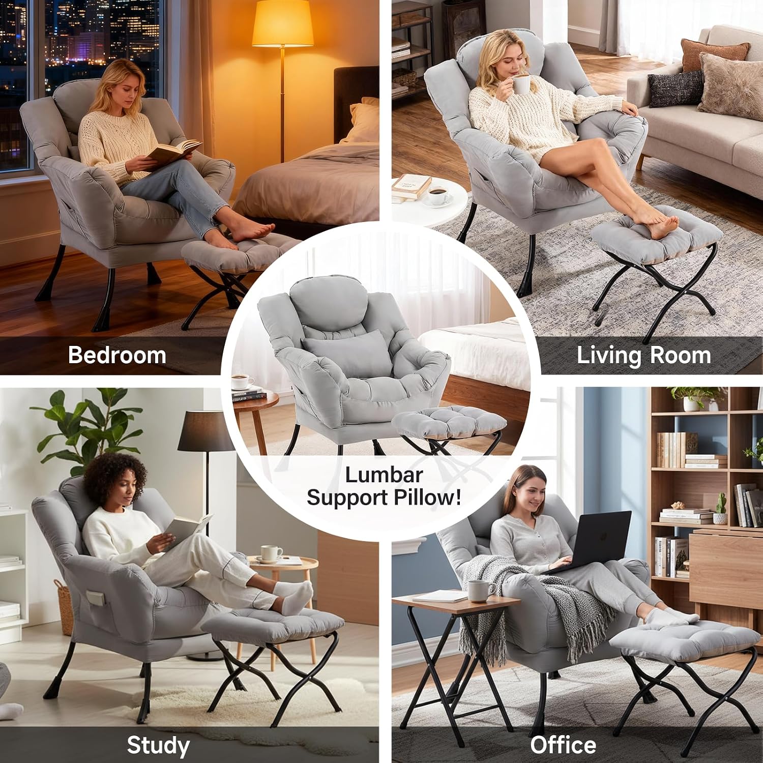 Lazy Chair with Ottoman, Modern Accent Chair with Lumbar Pillow, Grey Sofa, Armchairs with Folding Footrest, Oversized Supportive Chairs for Bedroom, Reading