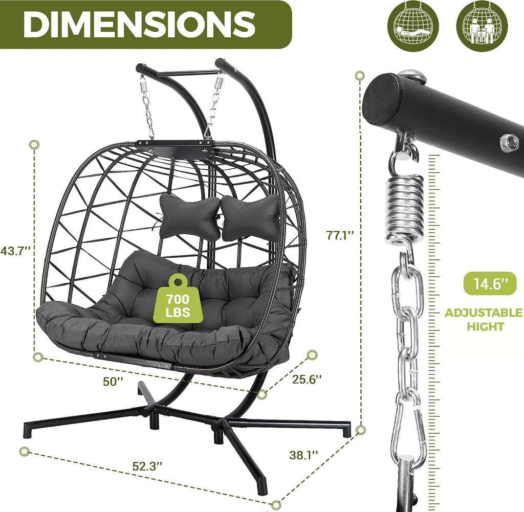 RADIATA Double Swing Chair, 2 Person Swing Chair, Double Egg Chair Outdoor with Stand, Egg Chair Outdoor 2 Person with Cushion & Pillow, Rattan Hanging Wicker Seat for Patio Garden (Grey Oversized)