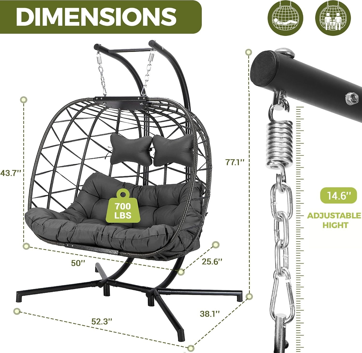 RADIATA Double Swing Chair, 2 Person Swing Chair, Double Egg Chair Outdoor with Stand, Egg Chair Outdoor 2 Person with Cushion & Pillow, Rattan Hanging Wicker Seat for Patio Garden (Grey Oversized)