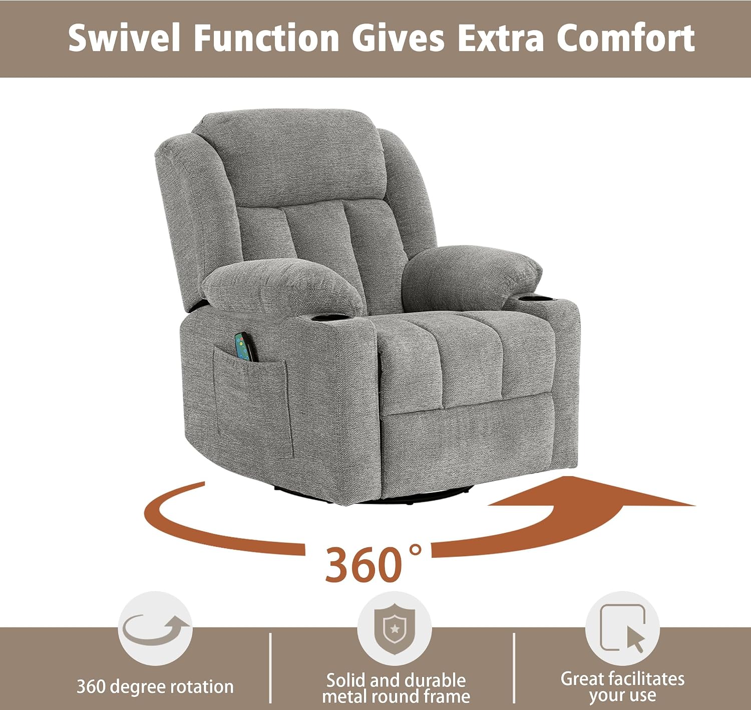 Ketaiyou Rocker Swivel Recliner Chair for Adults, Overstuffed Large Manual Recliner Glider with Massage and Heat, Comfy Soft Fabric Living Room Reclining Sofa Chair (Lime Gray)