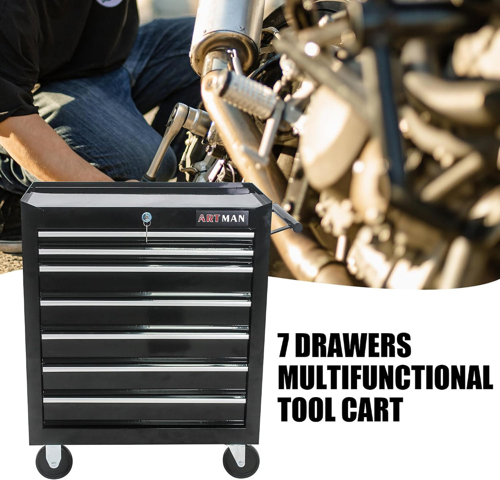 7 Drawer Tool Cart: Multifunctional US General Tool Box on Wheels and Rolling Toolbox (Black)