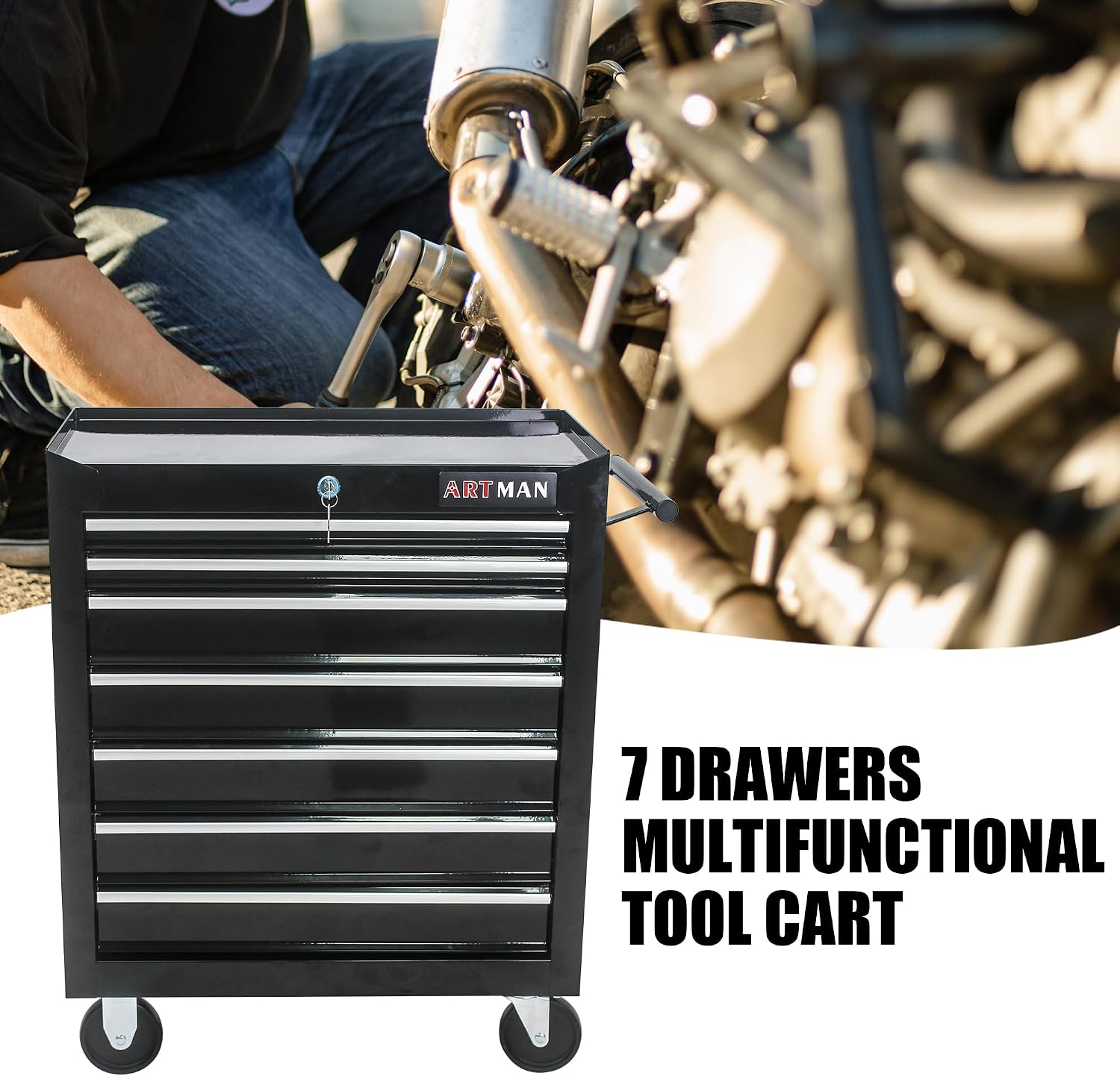 7 Drawer Tool Cart: Multifunctional US General Tool Box on Wheels and Rolling Toolbox (Black)