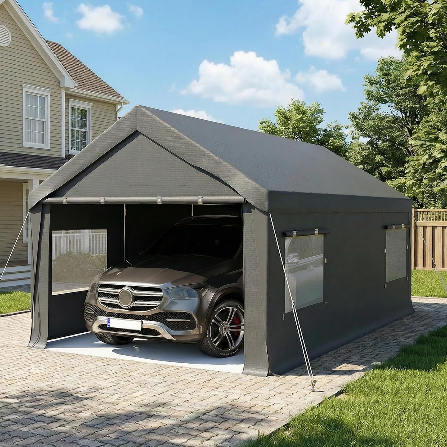 Bezseller 12x20 FT Heavy Duty Carport Canopy with Roll-Up Windows & Doors, Car Tent Portable Garage with All-Season Tarp for Cars, Boat, Trucks, Gray
