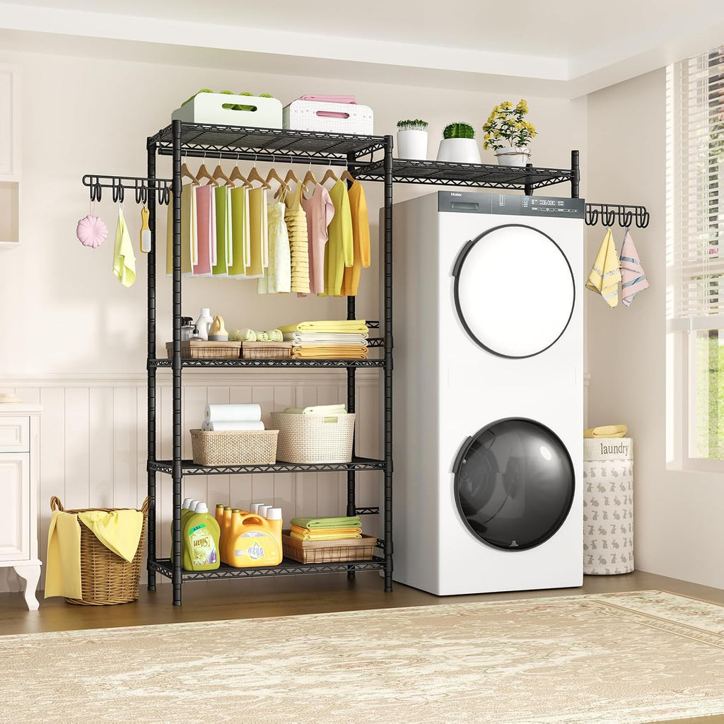 Ulif U5 Over the Washer and Dryer Storage Shelf, Laundry Room Space Saver Bathroom Storage and Organizer Rack for Hanging Towels and Drying Clothes with 5 Wire Shelves, 58.2'W x 13.4'D x 77.5'H, Black