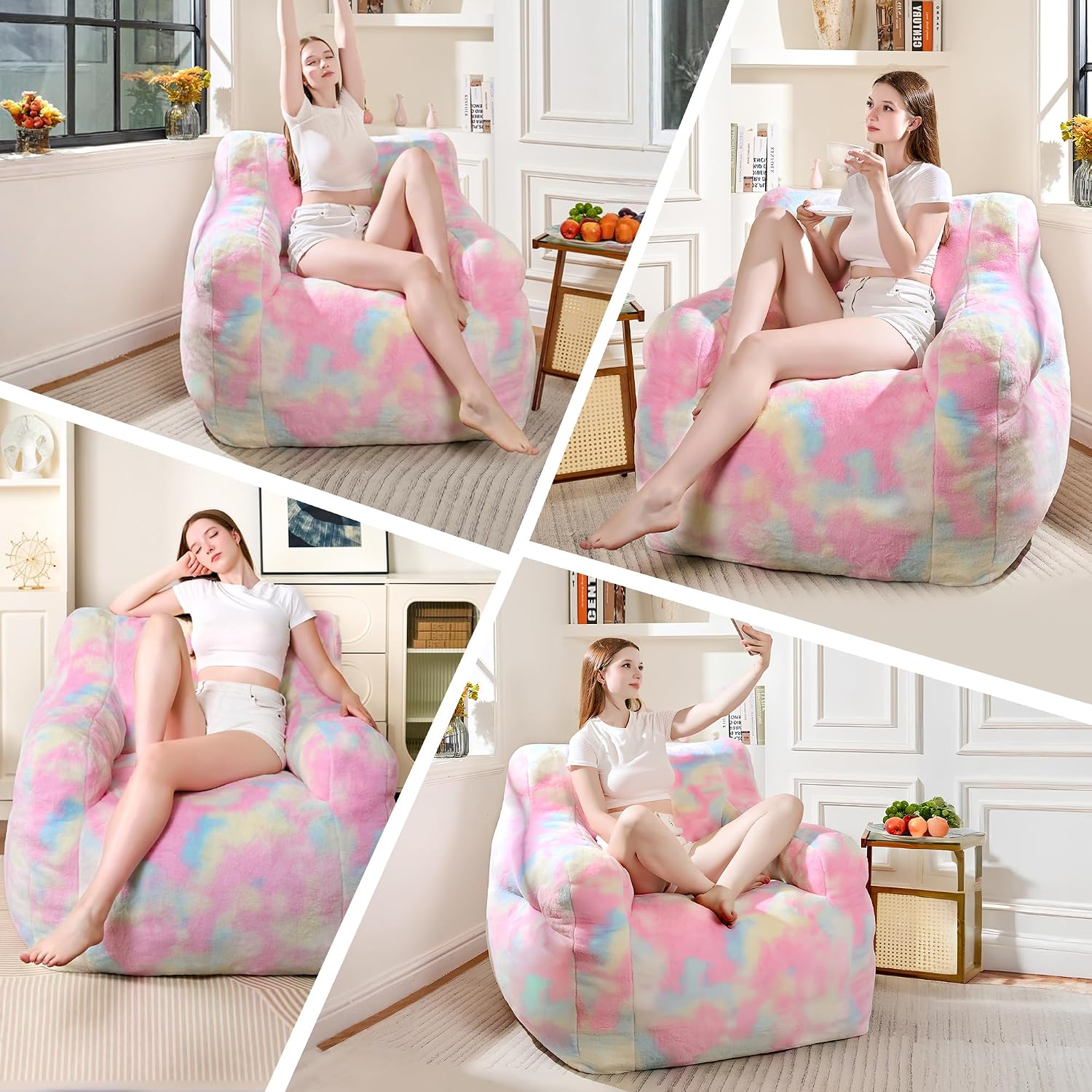 Cvortll Large Bean Bag Chairs for Adults & Teens & Kids, 3FT Memory Foam Bean Bags with Filler, Ultra Soft Faux Fur - Fluffy Bean Bag Chair for Living Room Bedroom College Dorm (Colorful Rainbow)