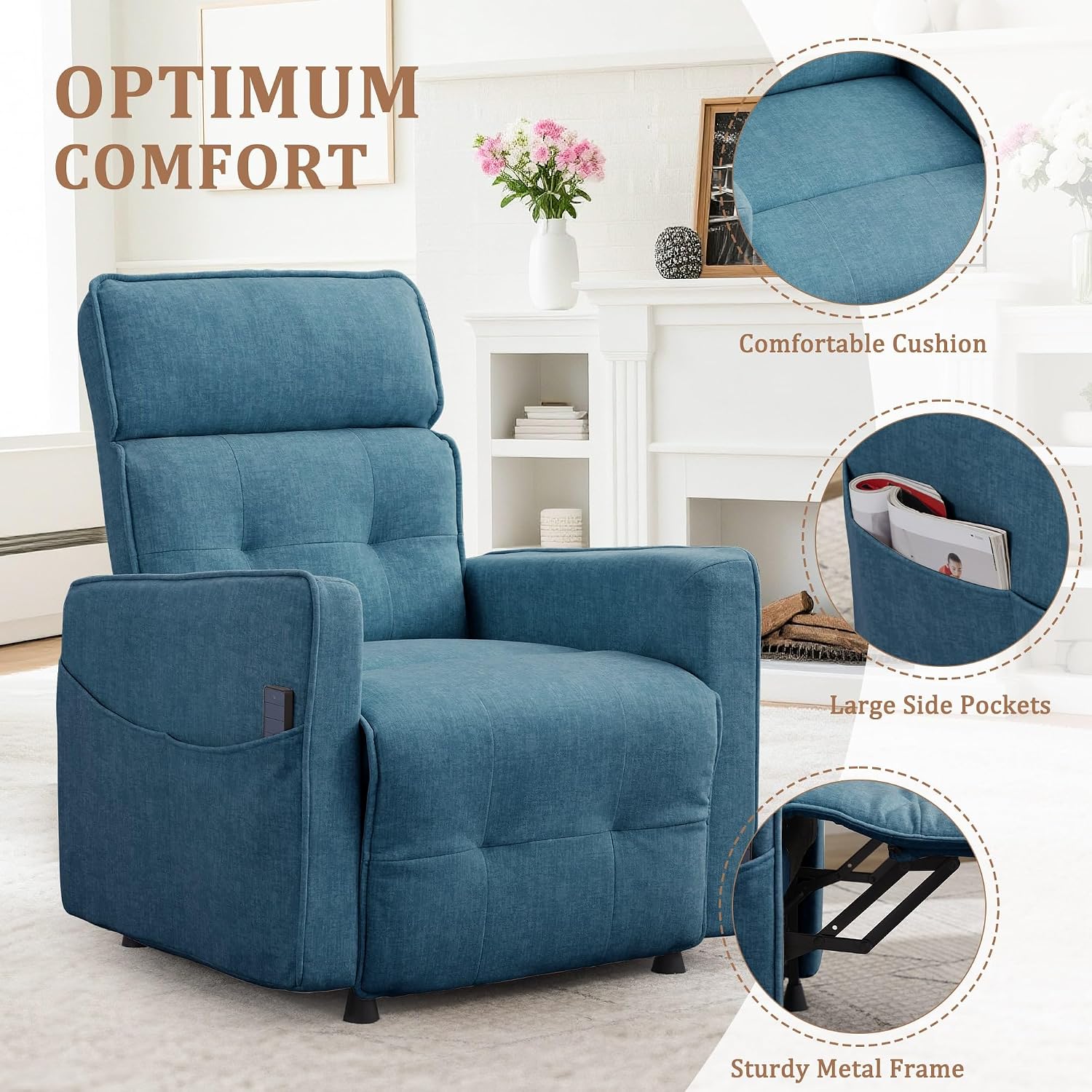 Korser Power Recliner Chair for Adults, Electric Recliner Chairs for Living Room, Comfy Recliners Cashmere Reclining Chair with One-Touch Adjustment & Side Pockets for Reading, Bedroom, Lounge, Blue