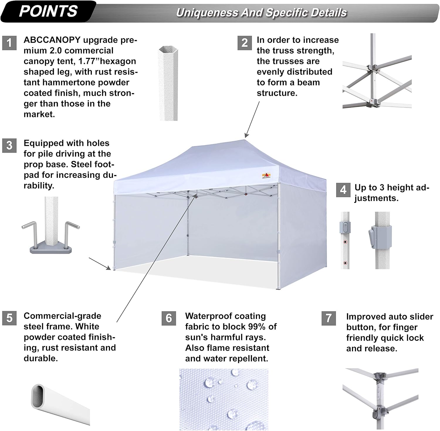 ABCCANOPY 10x15 Pop Up Canopy Tent Commercial Instant Outdoor Canopy Premium-Series with 3 Sidewalls and Hexagonal Legs White