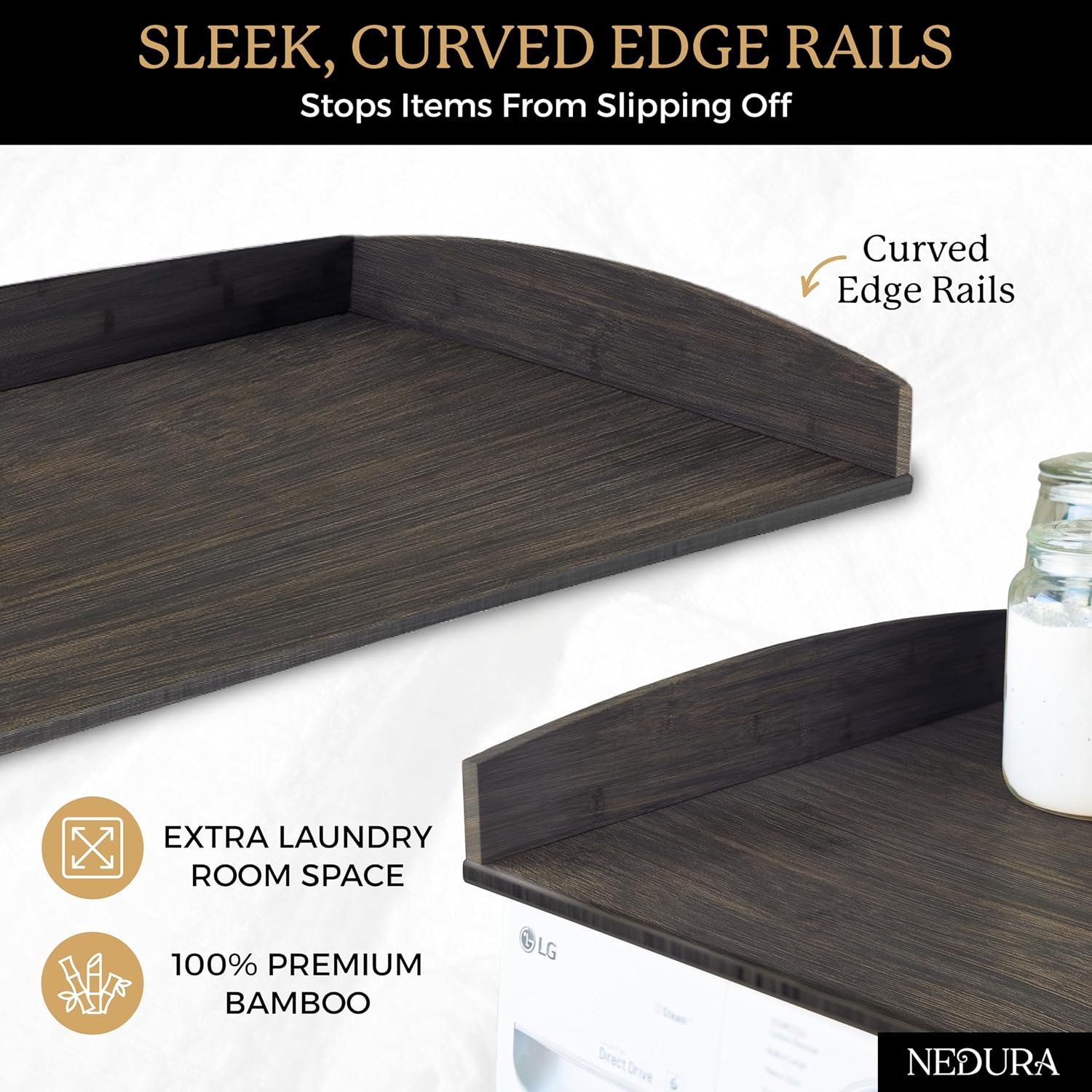 Nedura Washer Dryer Countertop w/Anti-Vibration Pads & Curved Edge Rails, Premium Bamboo Laundry Countertop, Washer Dryer Topper, Laundry Room Organization, Laundry Room Accessory - Espresso