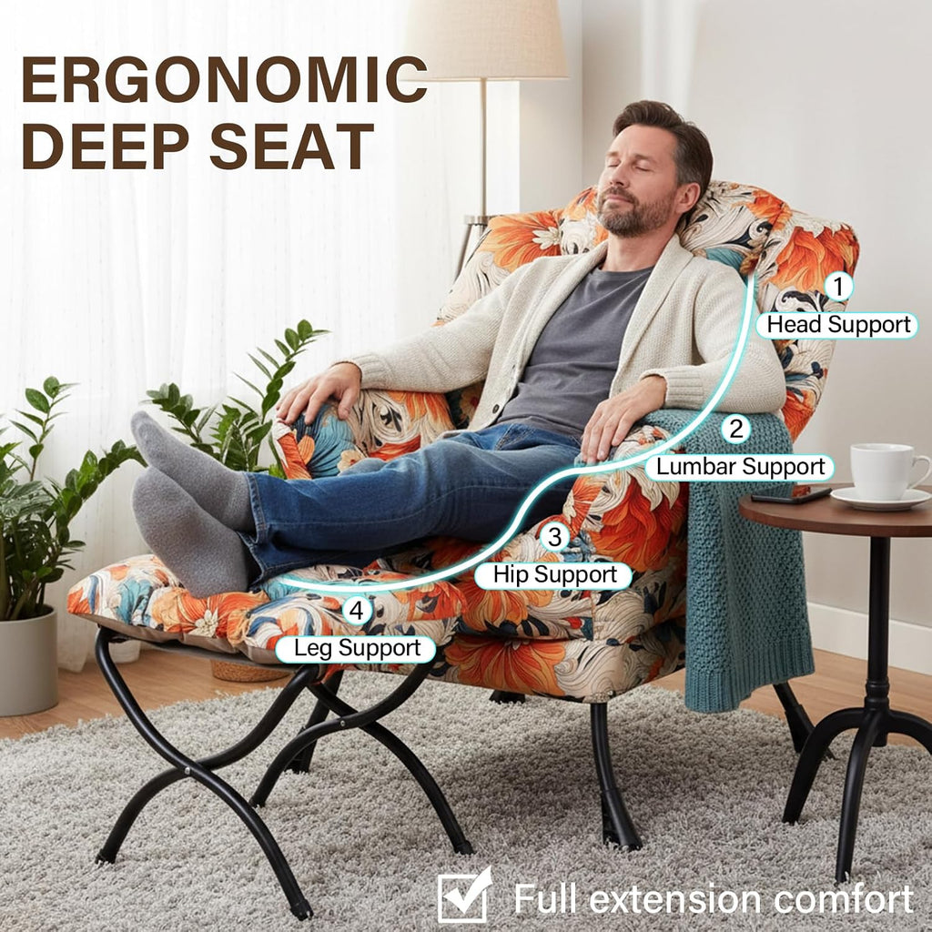 Welnow Lazy Chair with Ottoman, Modern Accent Chair with Armrests and a Side Pocket, Leisure Sofa Armchair Set, Reading Armchair with Footrest for Small Space, Orange Blue