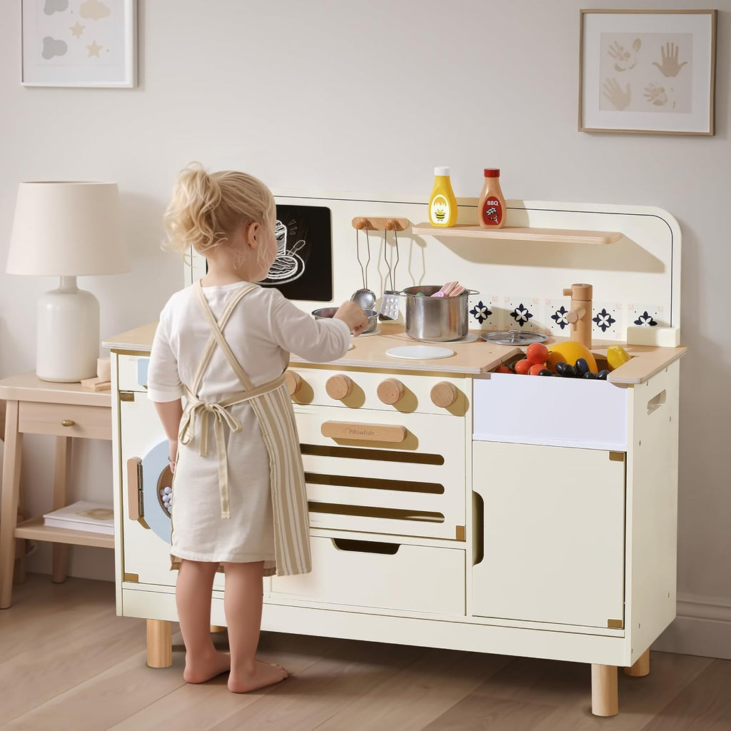 Pillowhale Wooden Play Kitchen with Washer – Large Interactive Toy Kitchen Set for Kids 3+ – Montessori Pretend Play Center with Metal Cookware & Chalkboard – Gift for Boys Girls