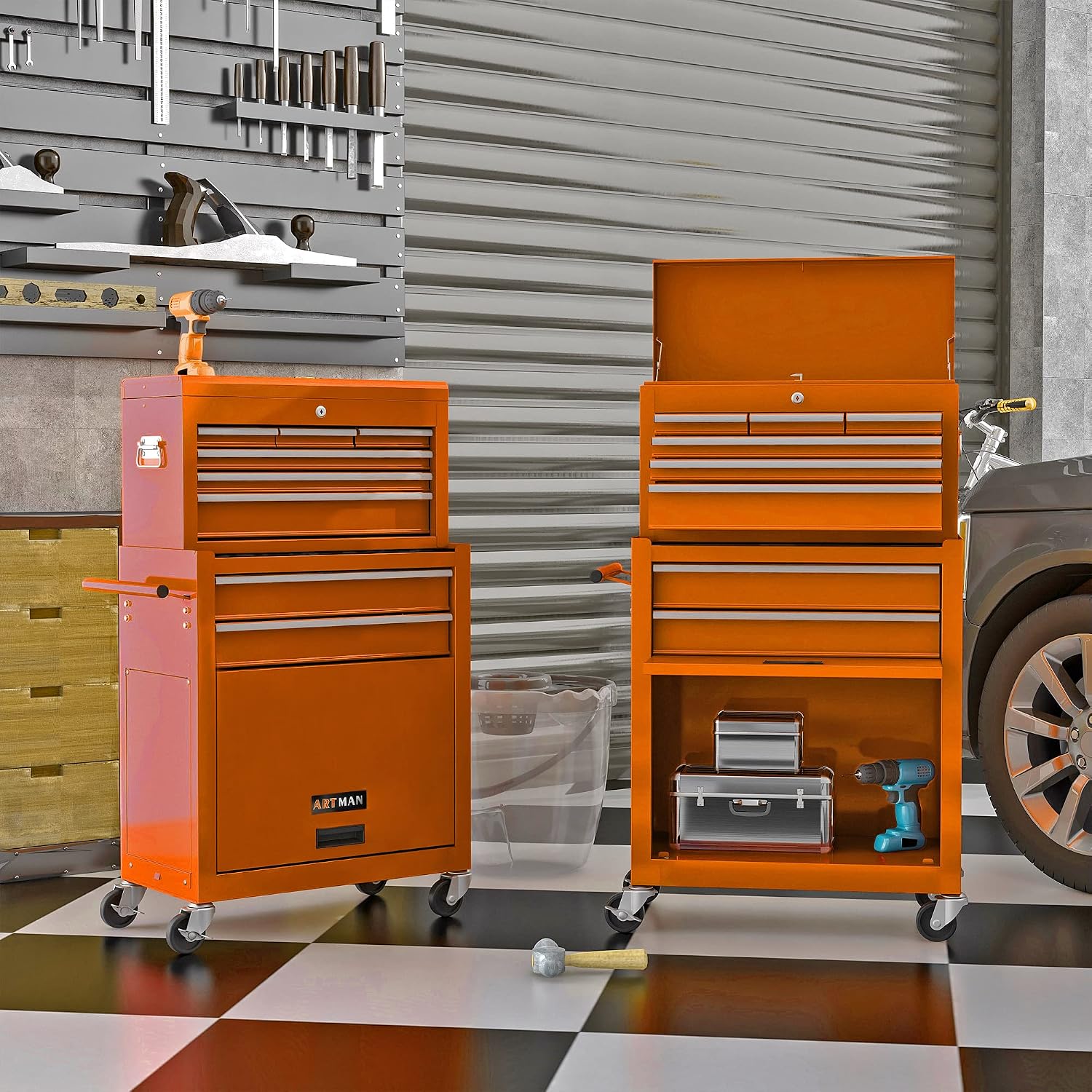 High Capacity Rolling Tool Chest with 8-Drawer Tool Box on Wheels Multifunctional Tool Cart Mechanic Tool Storage Cabinet for Garage, Warehouse, Workshop, Repair Shop (Orange)