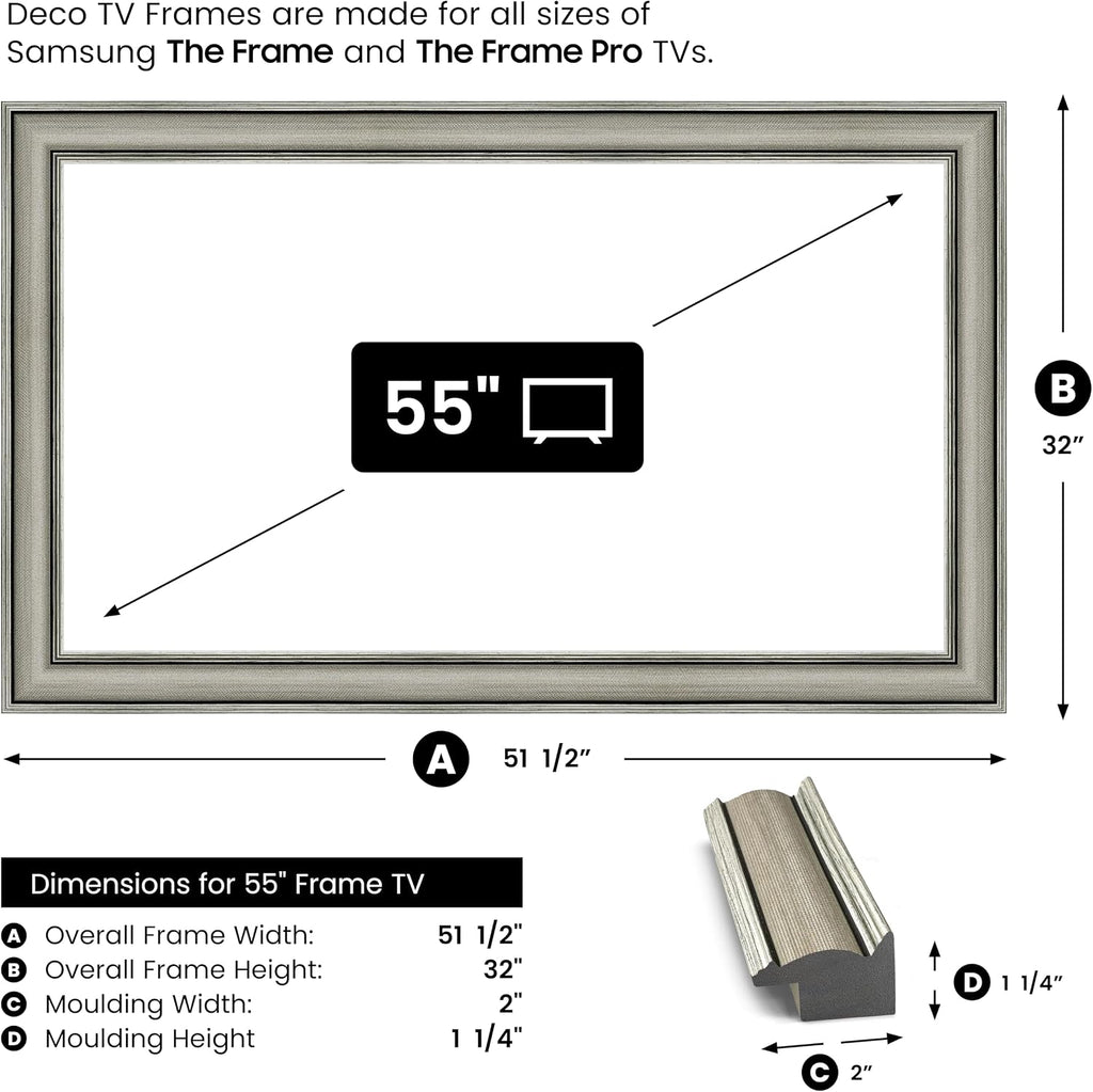 Industrial Nickel 55' Slim Deco TV Frame - Compatible ONLY with Samsung The Frame TVs (Fits 2021-2026, LS03A, LS03B, LS03C, LS03D, LS03FA)