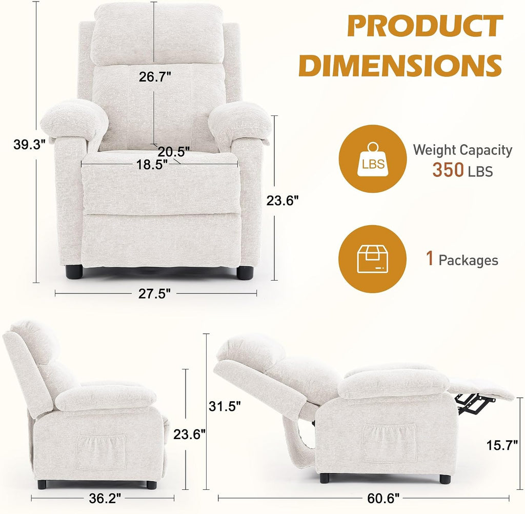 Korser Recliner Chair, Living Room Chairs for Adults, Padded Deep Seat Reading Chair with Side Pockets, Small Recliners for Small Spaces, Lounge Chair for Living Room, Bedroom, and RV (Chenille)