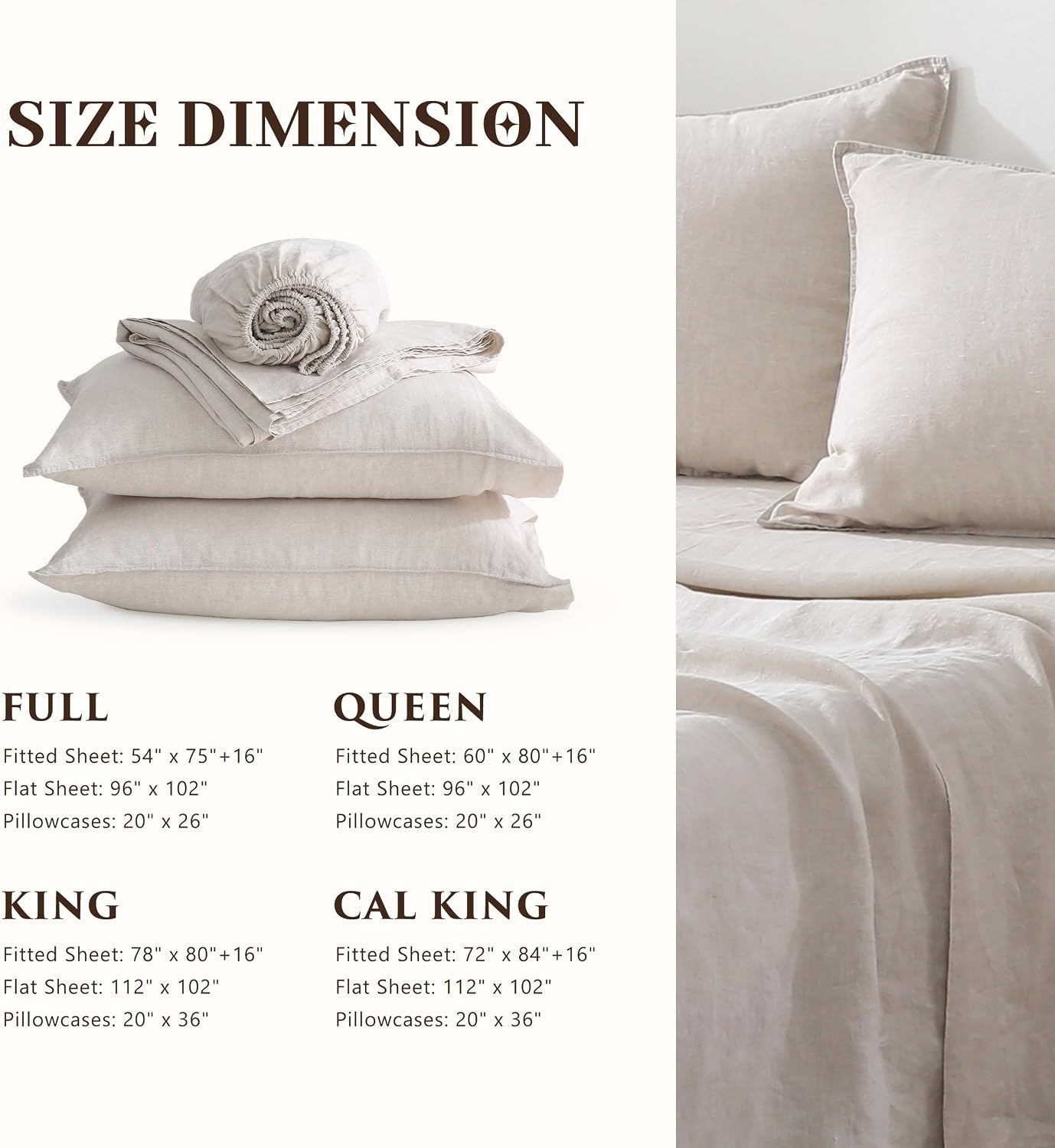 100% French Linen Sheets Set King Size-4Pcs Natural Washed Flax Bed Sheets Soft Breathable and Durable- 1 Flat Sheet 1 Fitted Sheet 2 Pillowcases (Natural Linen, King)