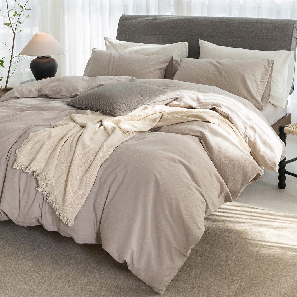 Oversized King Plus Cooling Duvet Cover Set - 3 Piece 100% Cotton Bedding, Breathable, Crisp Linen-Like Texture, Naturally Soft & Gets Better，Hidden Zipper & Corner Ties – Beige Grey,128'x120'