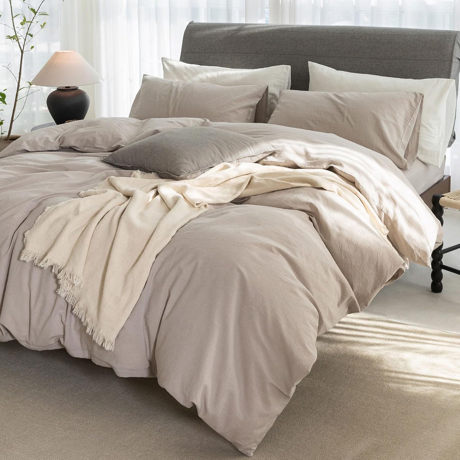 Oversized King Plus Cooling Duvet Cover Set - 3 Piece 100% Cotton Bedding, Breathable, Crisp Linen-Like Texture, Naturally Soft & Gets Better，Hidden Zipper & Corner Ties – Beige Grey,128'x120'