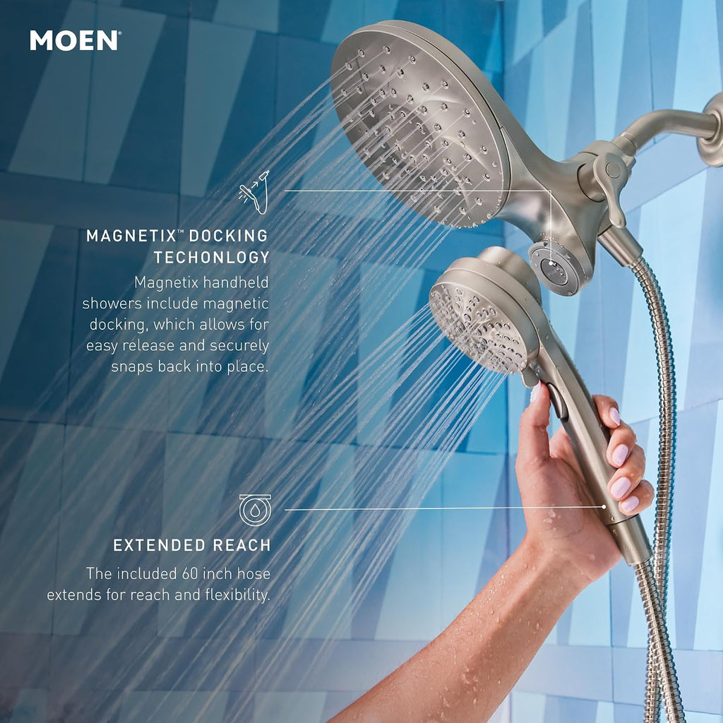 Moen Engage Magnetix Chrome Multi-Function Handshower and Rainfall Shower Head Trim Combo with Shower Handle, Tub Spout, Metal Hose, and Valve, 82304