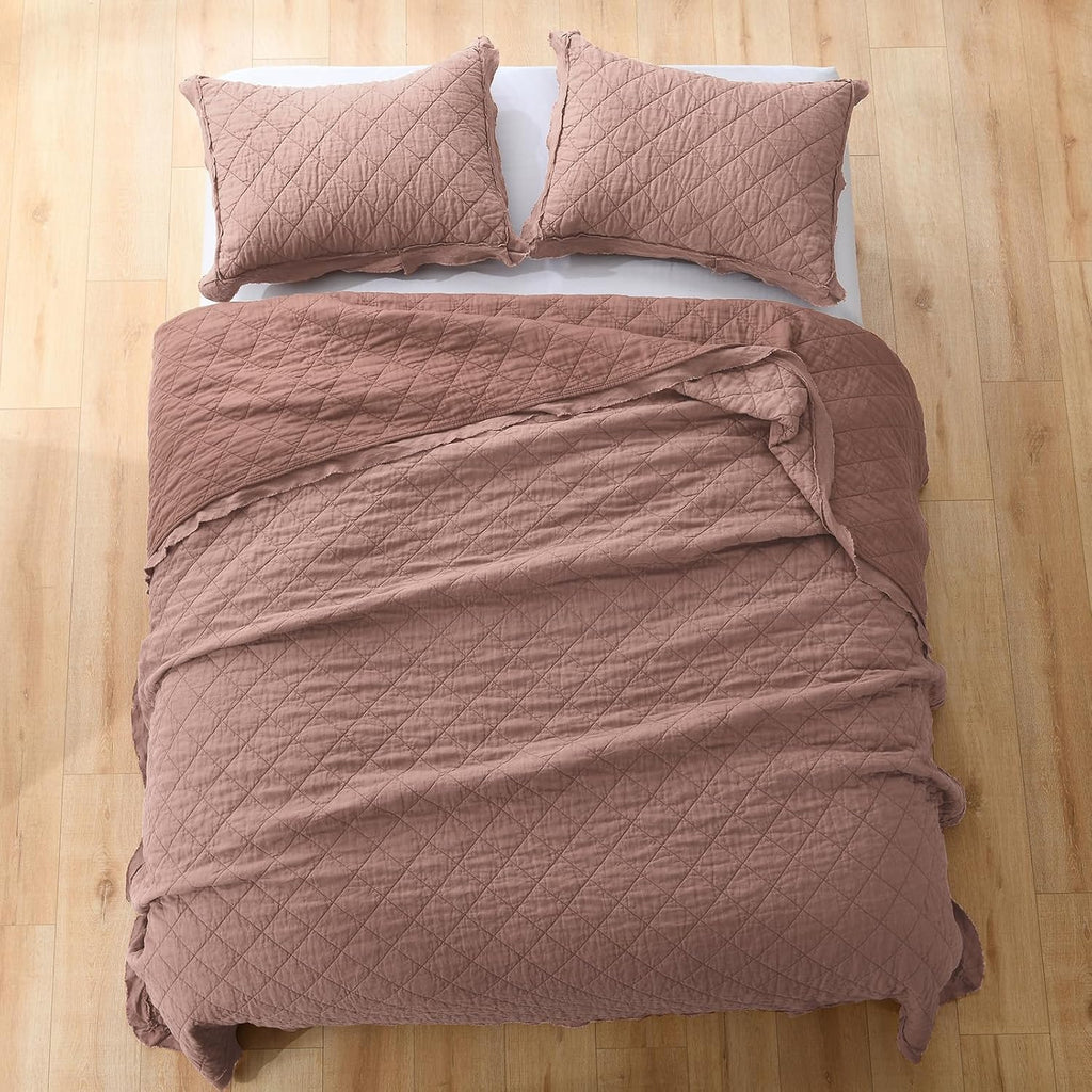 HORIMOTE HOME 100% Linen Front/100% Cotton Back Quilt Set King Size, Cameo Rose Pre-Washed European Flax Linen Quilt, Diamond Stitch Bedspread Coverlet Bedding Set 3-Piece for All Seasons