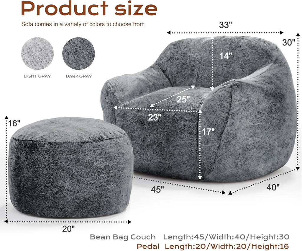 Giant Bean Bag Chair for Adults, Large Memory Foam BeanBag Chairs, Oversized Bean Bag Sofa with Filler, Faux Fur Big Reading Chair Comfy Floor Sofa Chair (Grey, Single with Ottoman)