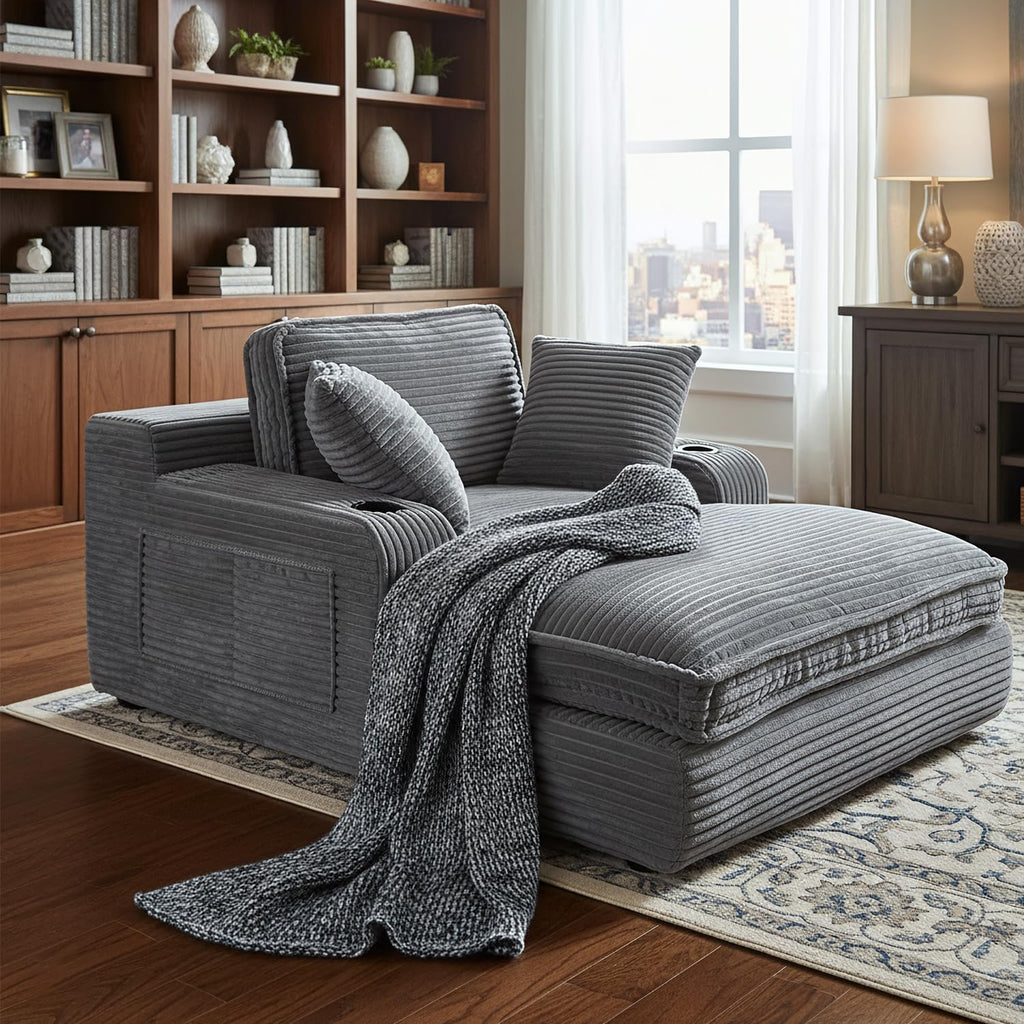 67' Oversized Chaise Lounge Chair Indoor, Soft Boneless Cloud Couch with 3 Pillows, 4 Side Pockets and 2 Cup Holders, Comfy Corduroy Sleeper Couch for Living Room Bedroom