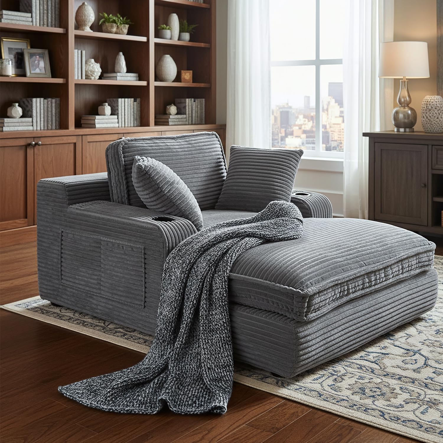 67' Oversized Chaise Lounge Chair Indoor, Soft Boneless Cloud Couch with 3 Pillows, 4 Side Pockets and 2 Cup Holders, Comfy Corduroy Sleeper Couch for Living Room Bedroom