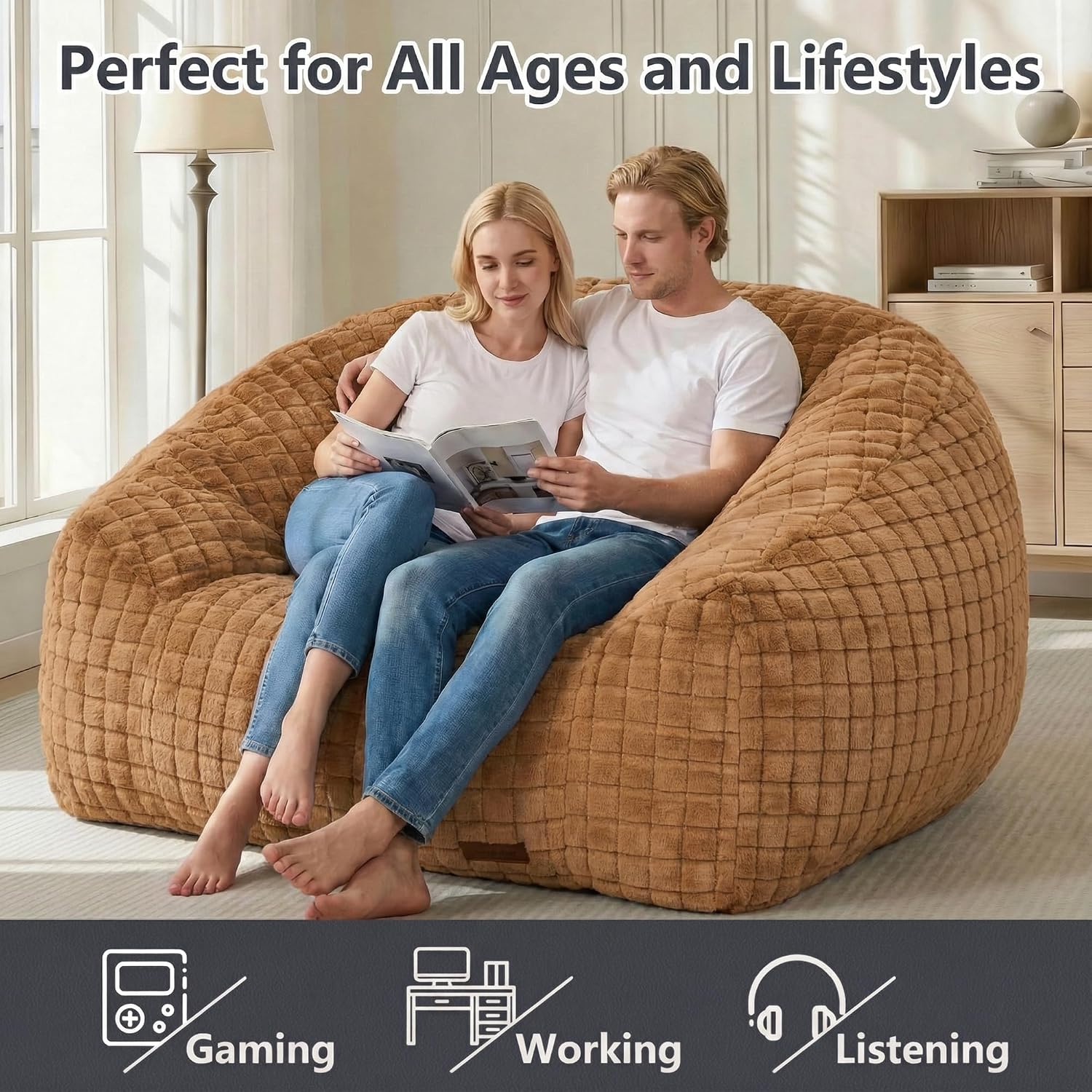Bean Bag Chairs for Adults, Giant Beanbag Sofa Comfy Reading Chair, Oversized Bean Bag Chairs for Living Room Bedroom, Soft Faux Fur Fabric, 3.2FT, Khaki, Checkered