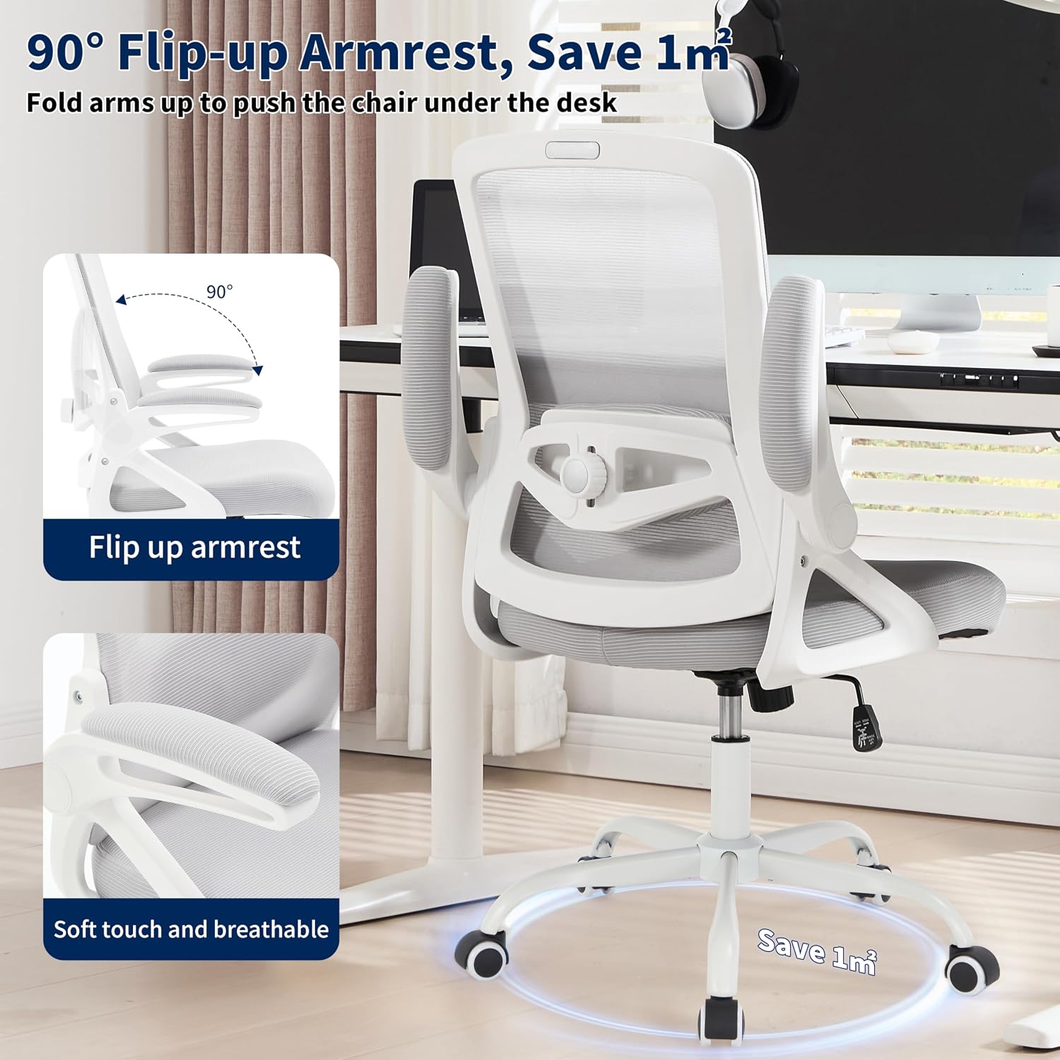 Ergonomic Office Chair, Desk Chair with Adjustable Lumbar Support, Breathable Mesh Comfy Computer Chairs with Flip-up Armrests Executive Task Chair for Adults Home Office(Gray)