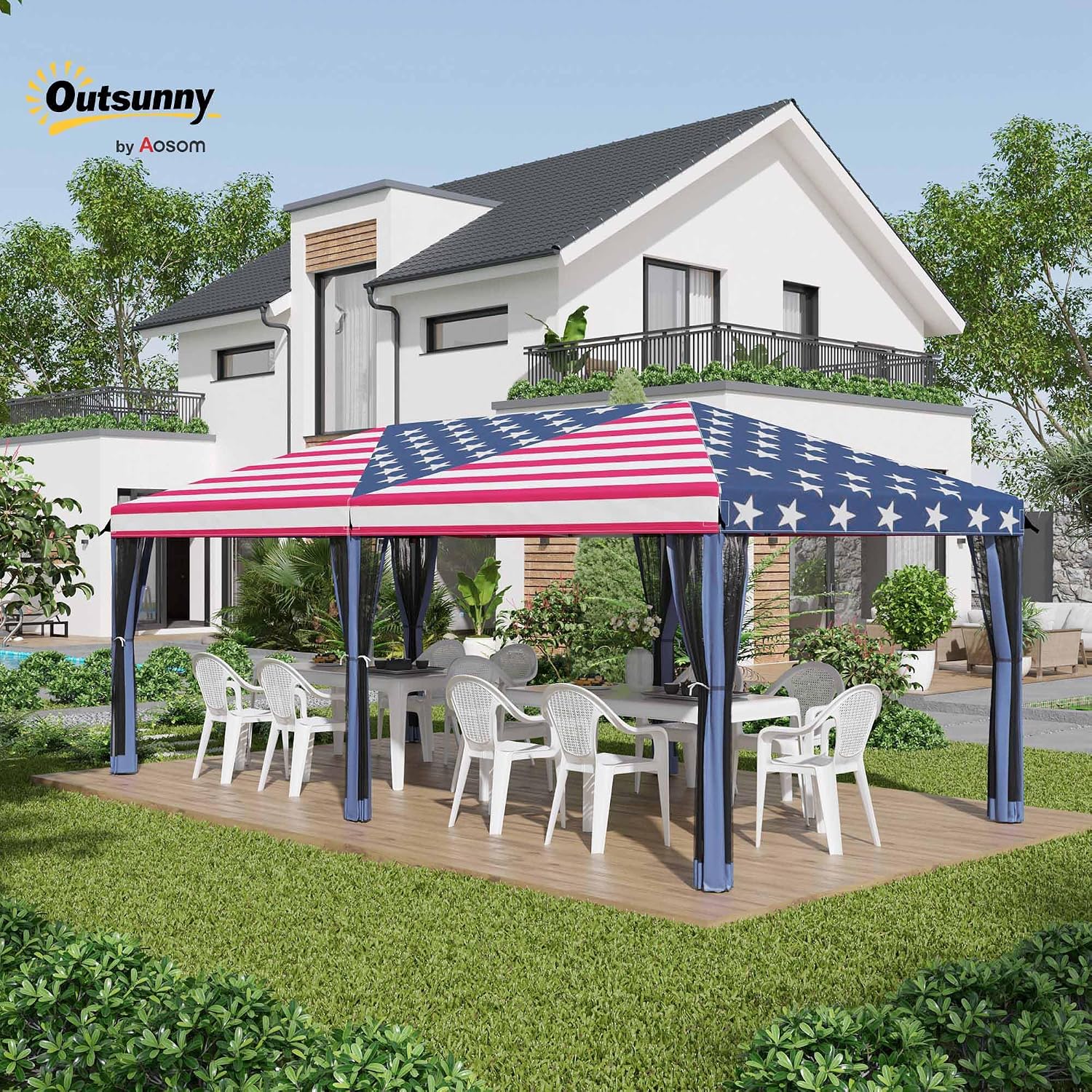 Outsunny 10' x 20' Pop Up Canopy Tent with Netting, Heavy Duty Large Party Tent, Instant Sun Shelter with Carry Bag for Backyard Garden Patio, American Flag