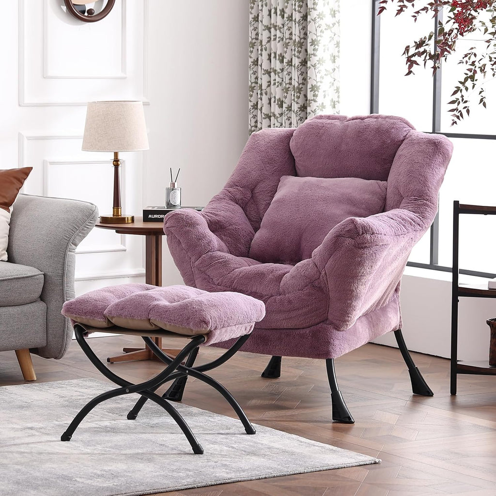 Lazy Chair with Ottoman, Reading Chair with a Pillow, Leisure Sofa Armchair with Ottoman, Large Accent Chair for Bedroom, Living Room, Dorm Room, Plush Purple