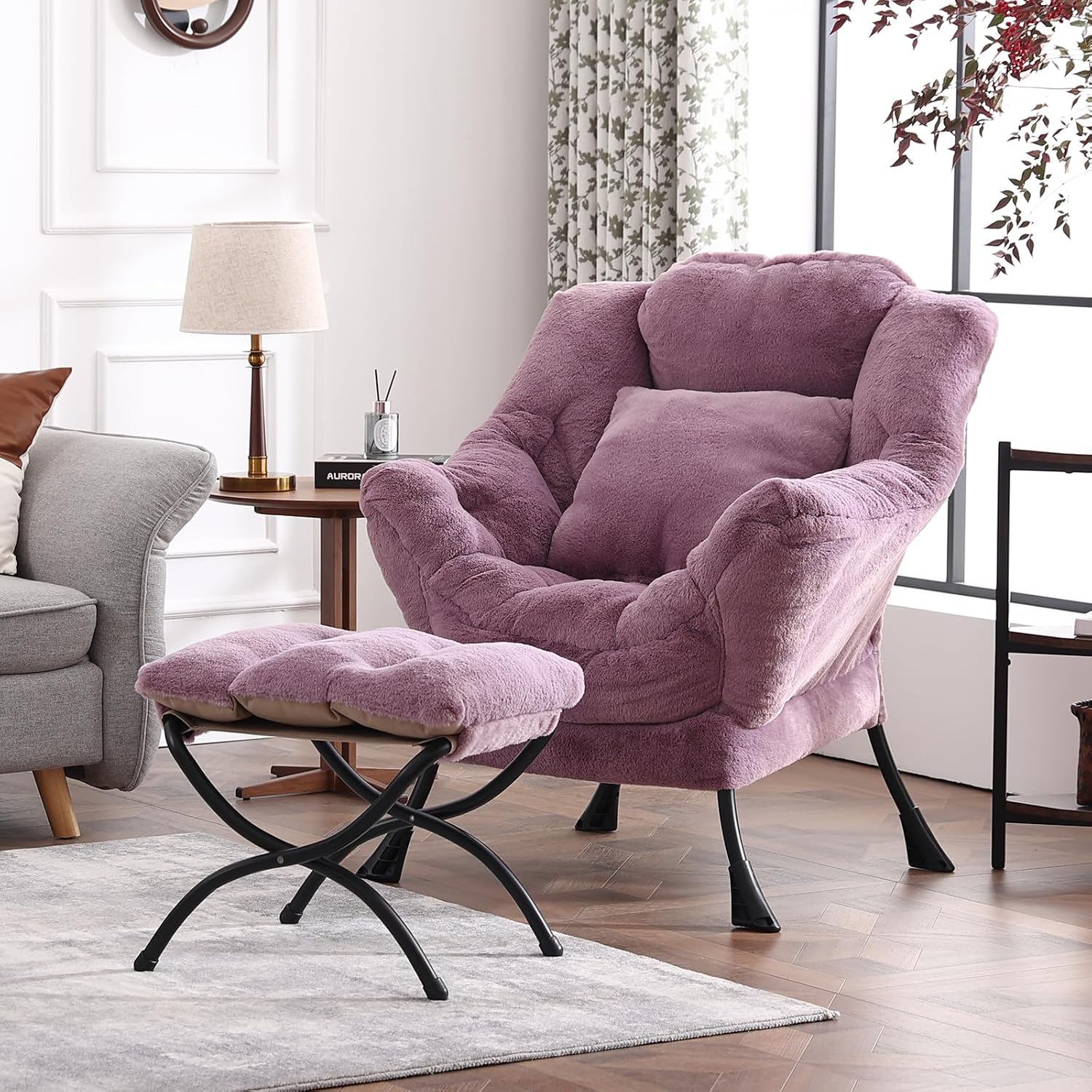 Lazy Chair with Ottoman, Reading Chair with a Pillow, Leisure Sofa Armchair with Ottoman, Large Accent Chair for Bedroom, Living Room, Dorm Room, Plush Purple
