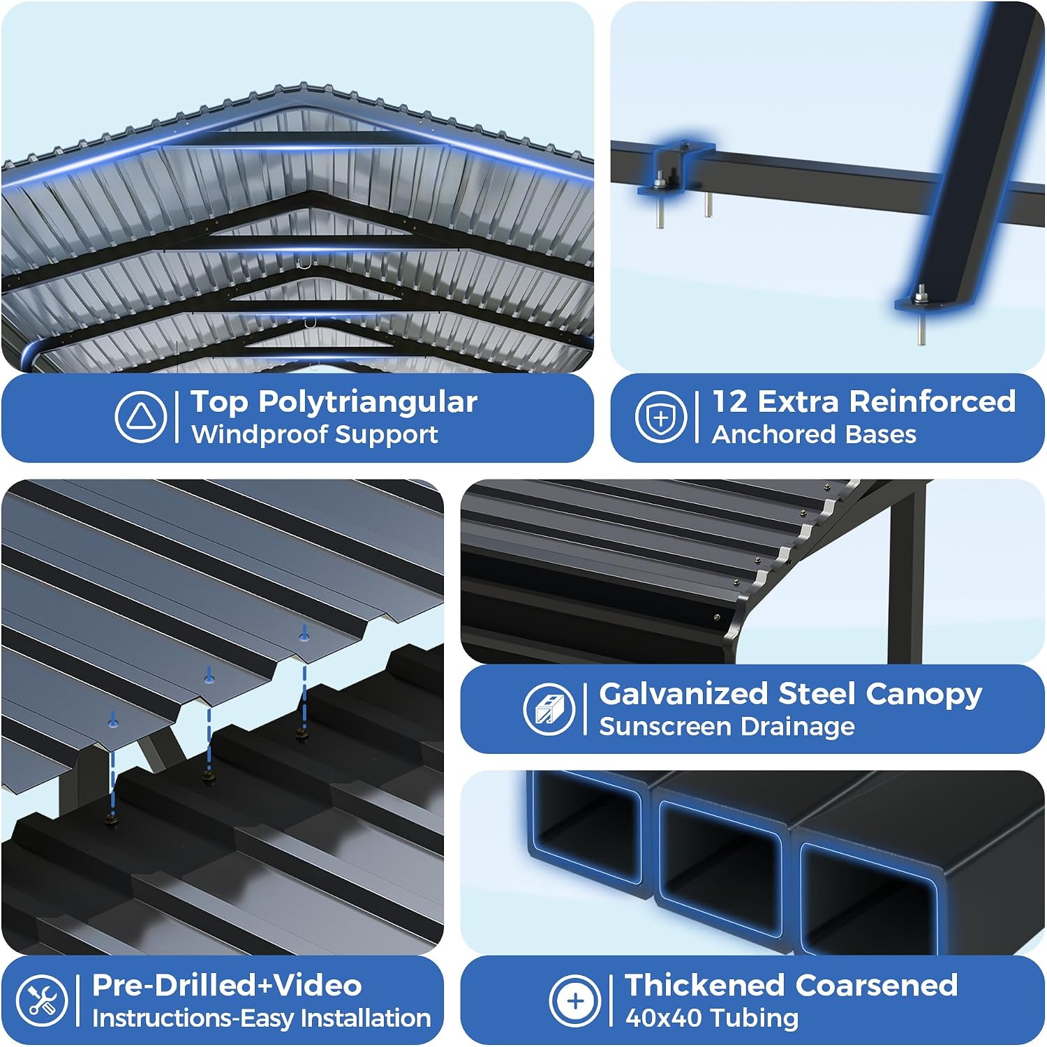 AirWire Carport Canopy 12'X20' Heavy Duty Car Port Galvanized Steel Roof, Reinforced Stable Triangle Frame for Snowy Windy Metal Carports Enhanced Base Car Tent for Car,RV,Pickup,Boat,Truck,Tractor