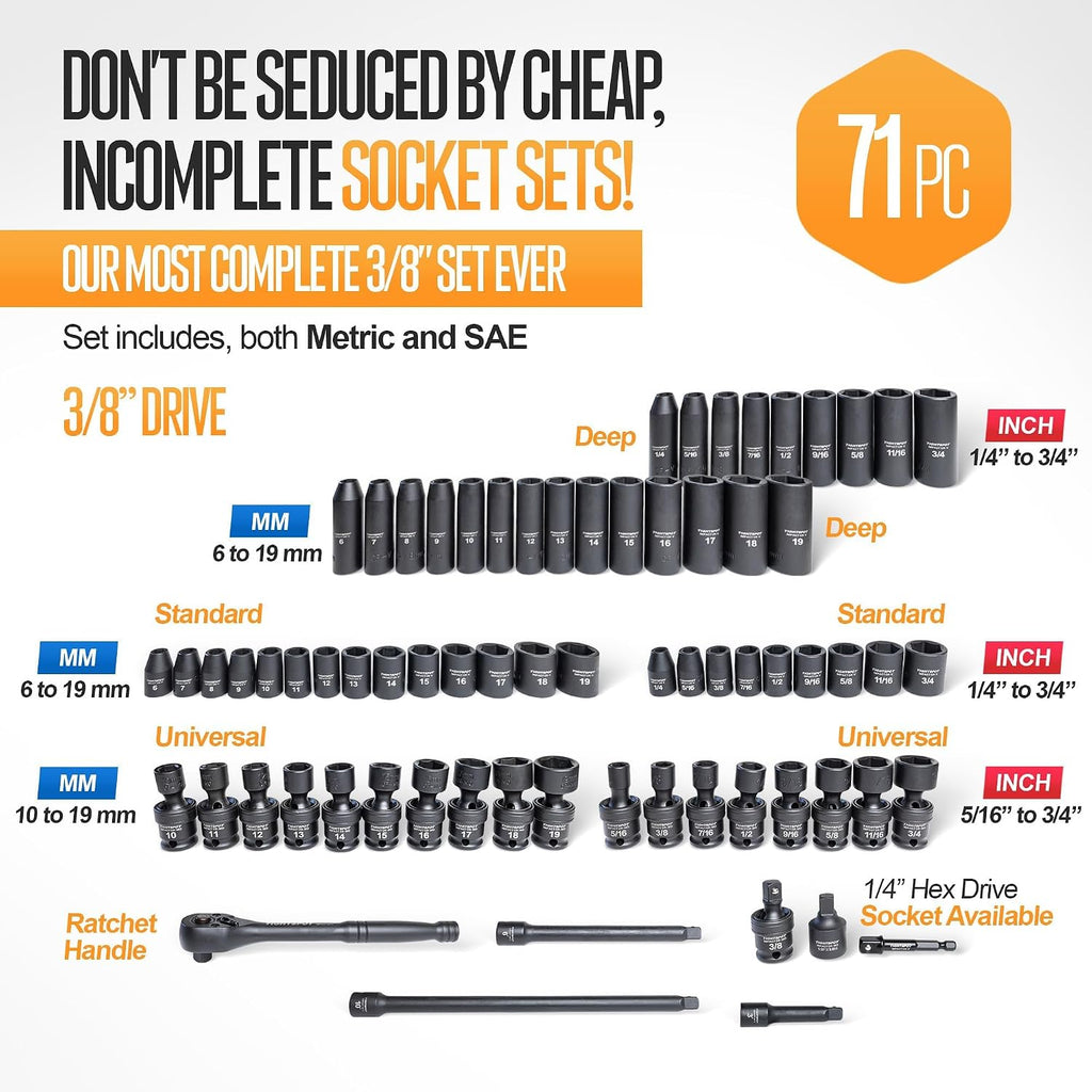 TIGHTSPOT 3/8' Drive 71pc Impact Socket Master Set Inch Metric 1/4'-3/4' 6-19mm CR-V CR-MO Universal Joint Deep Standard Sockets 90-Tooth Ratchet Extensions Heavy Duty Mechanic Tool Kit