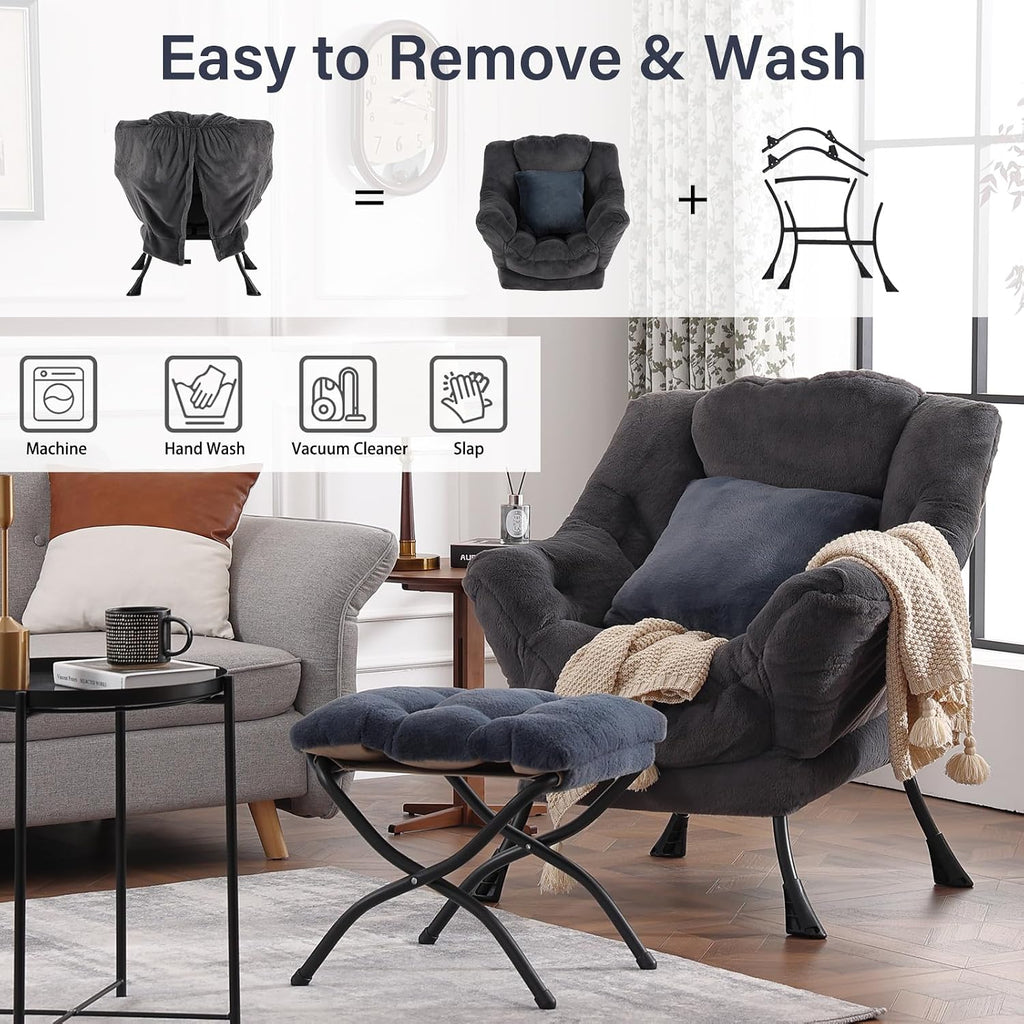 Lazy Chair with Ottoman, Large Blue Gray Accent Chair with Ottoman and FA Throw Pillow, Comfy Plush Reading Chair for Living Room Bedroom Dorm Room Office Apartment Relaxing Use
