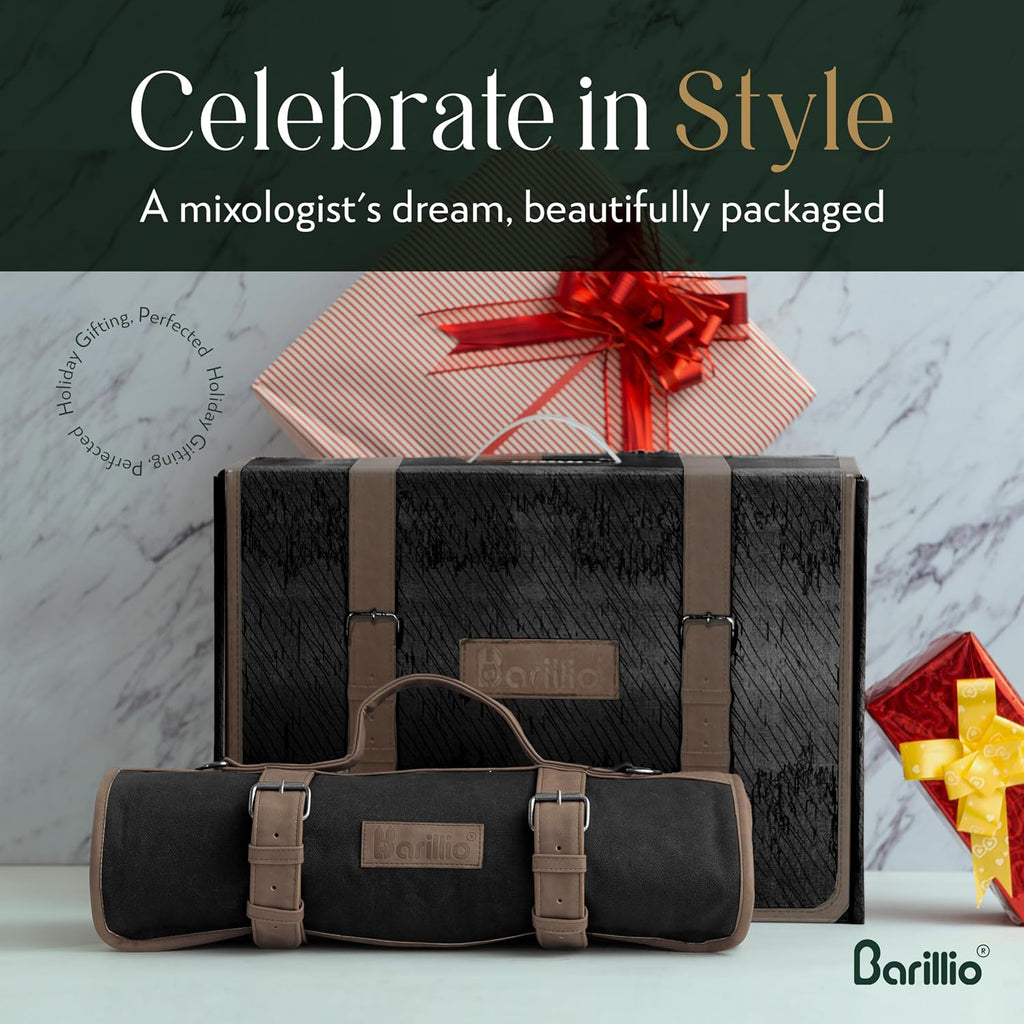 Barillio Bartender Kit Bag with Cocktail Shaker Set - Waxed Canvas, Traveling Bar Tools Bag with 17-Pc Cocktail Kit - Travel Mixology Bartending Kits - Mobile Bar Roll with Strap & Accessories
