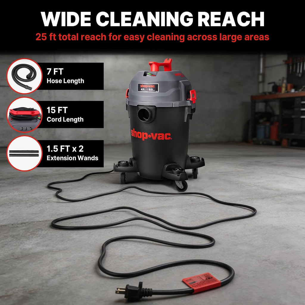 Shop-Vac 6 Gallon Ultra Quiet Shop Vacuum Wet and Dry, 4.5HP Powerful Suction Wet/Dry Vacuum with Attachments, 1-7/8 in. x 7 Ft Hose, 15 Ft Cord, Ideal for Jobsite, Garage, Workshop & Home, 5430541