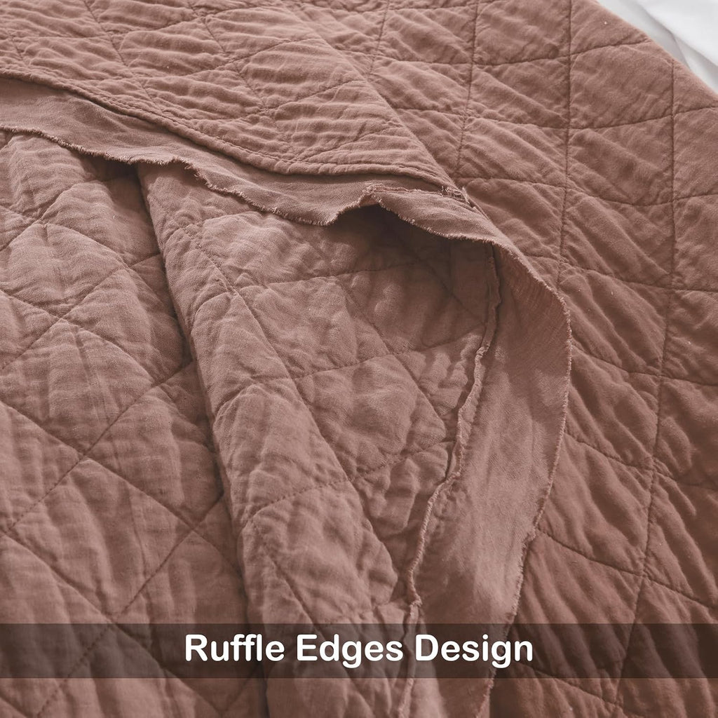 HORIMOTE HOME 100% Linen Front/100% Cotton Back Quilt Set King Size, Cameo Rose Pre-Washed European Flax Linen Quilt, Diamond Stitch Bedspread Coverlet Bedding Set 3-Piece for All Seasons