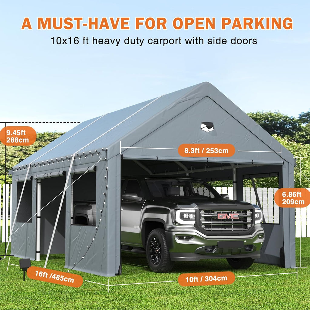 Carports Heavy Duty 10X16，Portable Car Port Garage，Carport Canopy with Side Doors，Outdoor Car Shelter All Weather,Gray