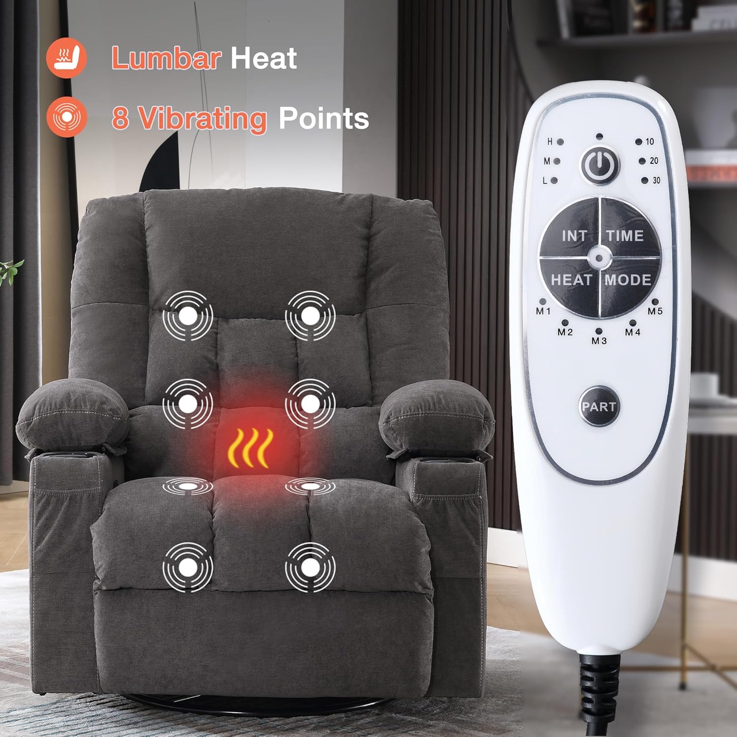 Massage Swivel Recliner Chair with Vibration Massage and Lumbar Heating for Adults,Oversized Rocker Recliner Single Sofa with Side Pocket,Two Cup Holders and USB Charge Port for Living Room
