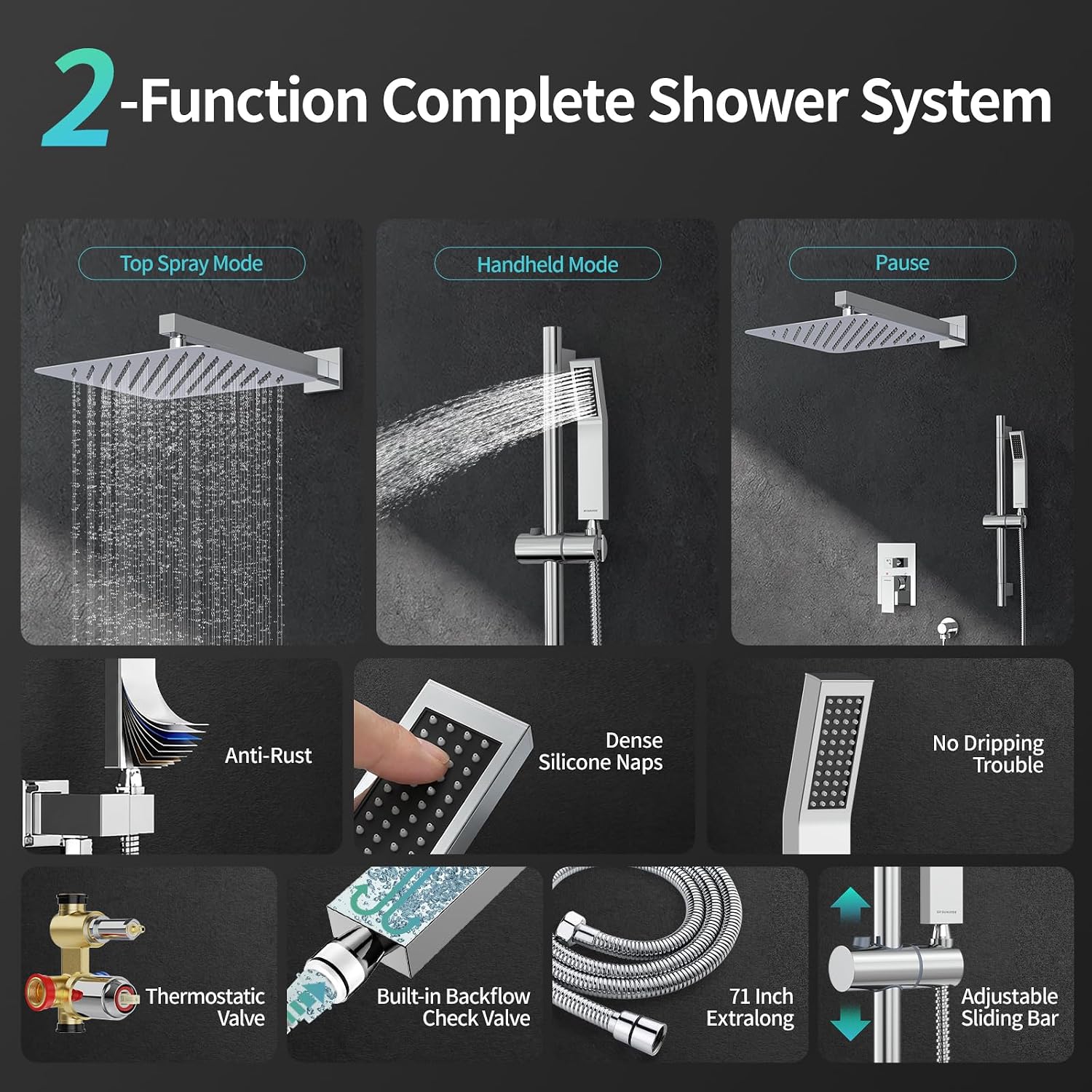 SR SUN RISE 12 Inch Slide Bar Shower System, Square Rain Shower Head and Handheld Spray, Wall Mounted Shower Faucets Sets Complete Included Valve and Shower Trim Kit, Polished Chrome