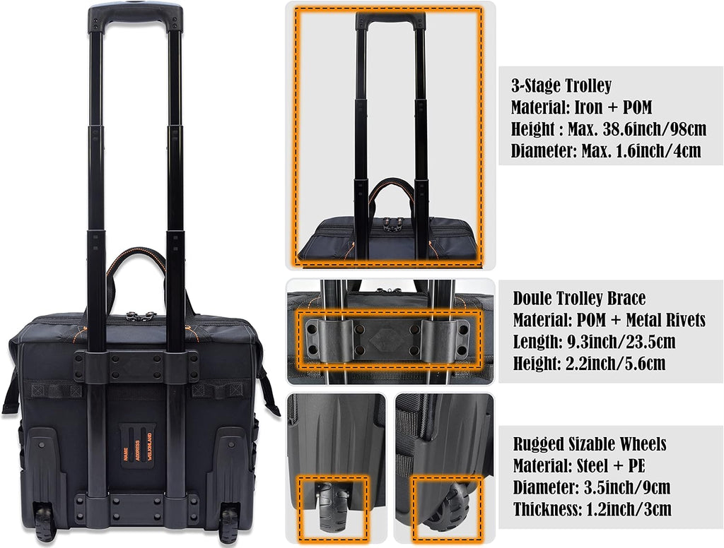 WELKINLAND 46Pockets-26' Rolling tool bag, Tools bag with wheels, Rolling tote bag, Tool tote, HVAC tools bags, Electrician tool bag, Tool bag organizer, Tool bags for men