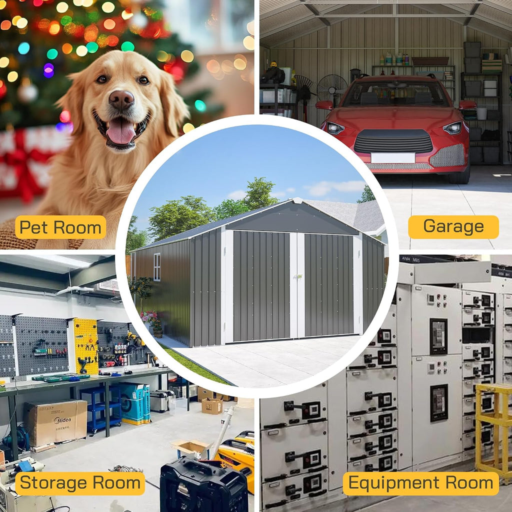 KEIKI 12x20 FT Outdoor Metal Storage Shed Garage with Double Doors, Large Capacity Steel Utility Shed for Vehicle Equipment and Garden Tool Storage, Weather Resistant Backyard Shed