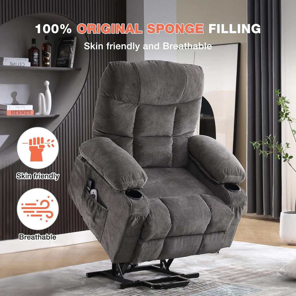 MAHOMICO Power Lift Recliner Chair for Elderly with Vibration Massage and Lumbar Heating, Electric Lift Recliner Single Sofa with Side Pocket, Two Cup Holders and USB Charge Port for Living Room
