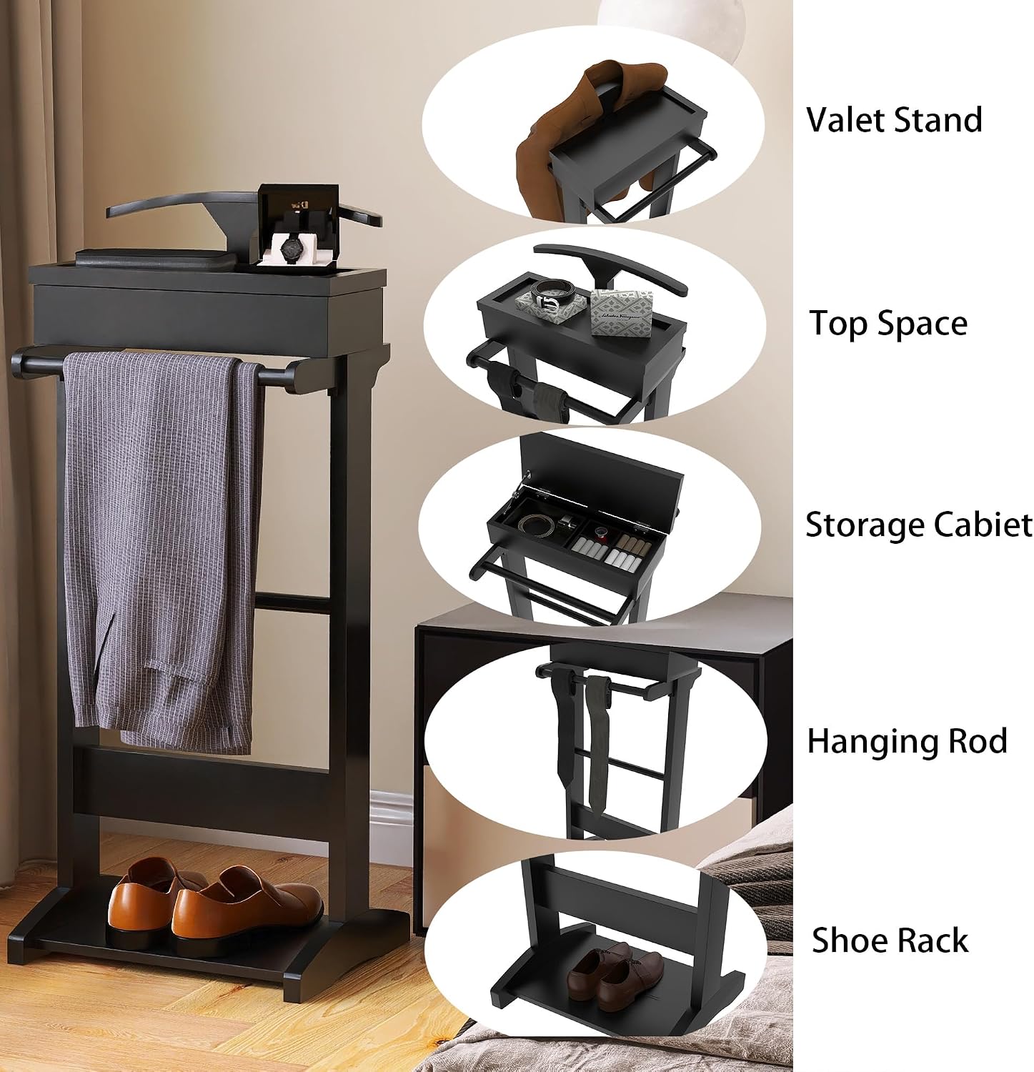 Wooden Valet Stand for Men, Clothing Valet Stand with Tray Organizer, shoe shelf and Hanging Suit, Freestanding Portable Coat Rack for Entryway, Bedroom, Office